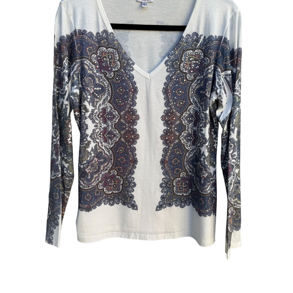 Cache Long Sleeve V-Neck Paisley Print Metal Beaded Stretch Shirt Blouse Top L