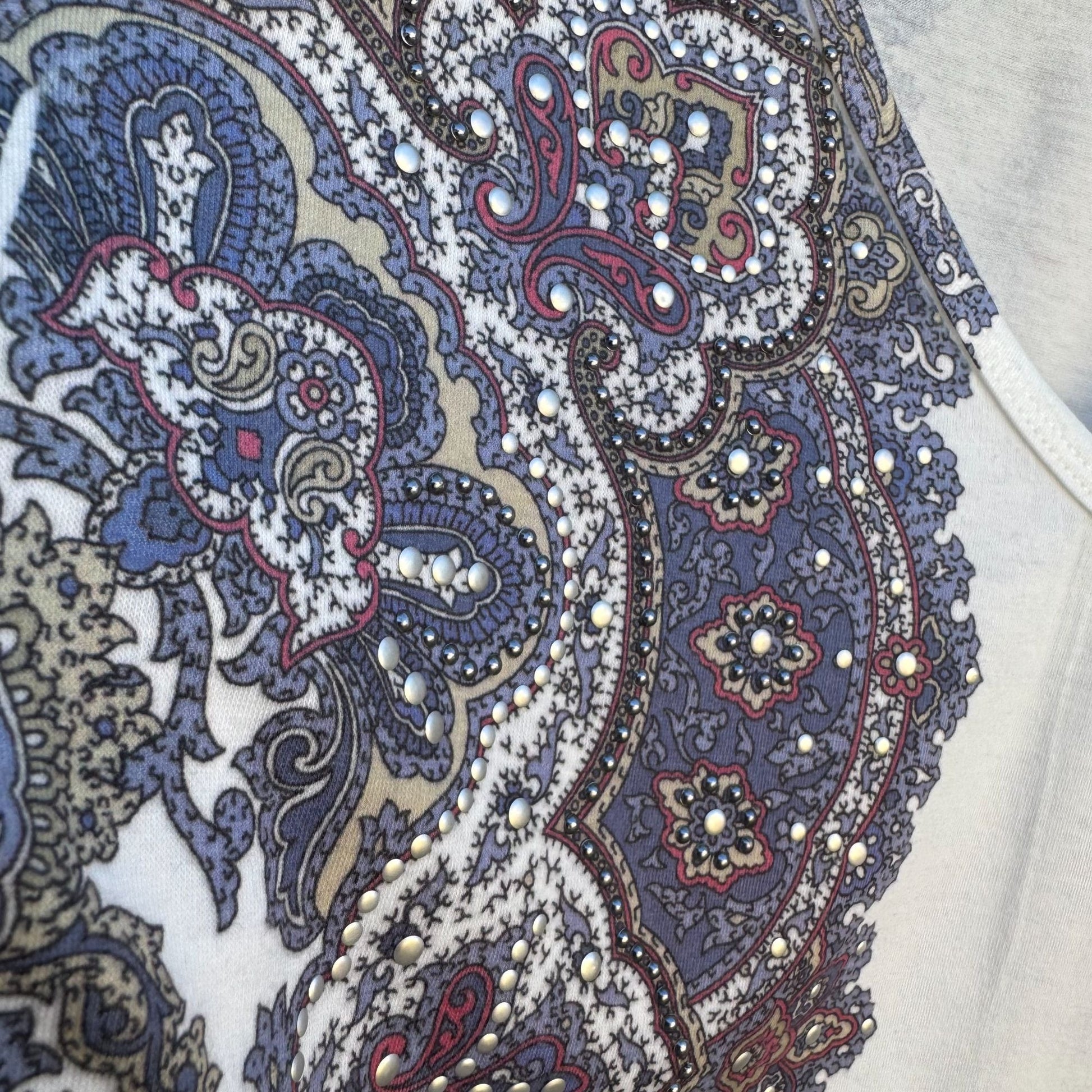 Cache Long Sleeve V-Neck Paisley Print Metal Beaded Stretch Shirt Blouse Top L