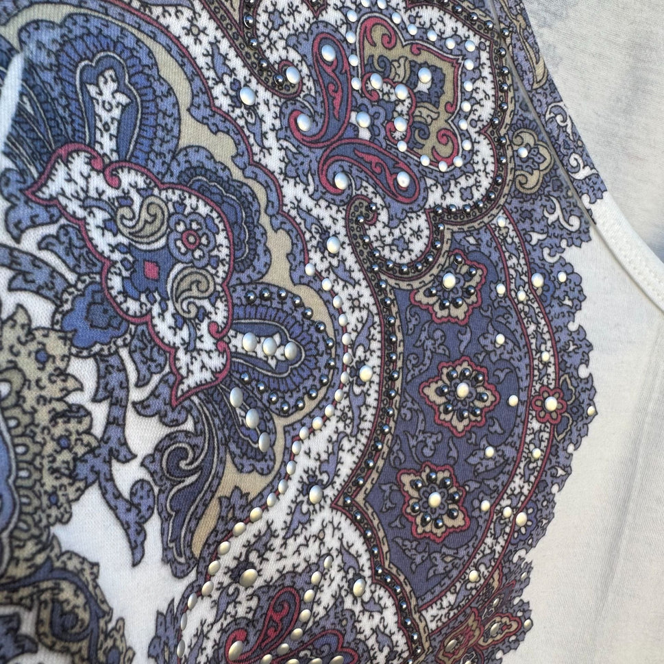 Cache Long Sleeve V-Neck Paisley Print Metal Beaded Stretch Shirt Blouse Top L