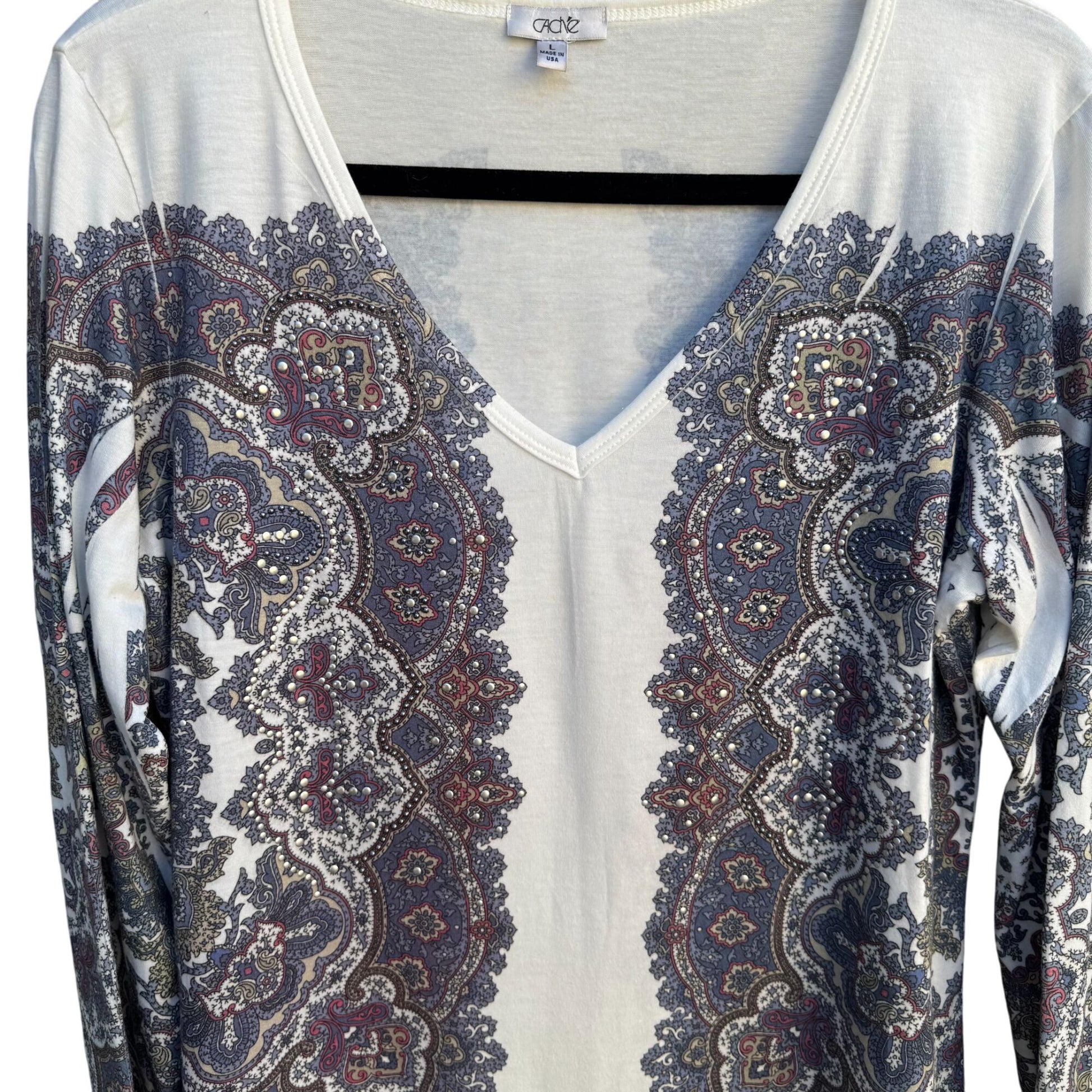 Cache Long Sleeve V-Neck Paisley Print Metal Beaded Stretch Shirt Blouse Top L