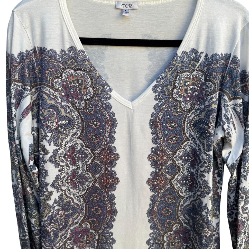 Cache Long Sleeve V-Neck Paisley Print Metal Beaded Stretch Shirt Blouse Top L