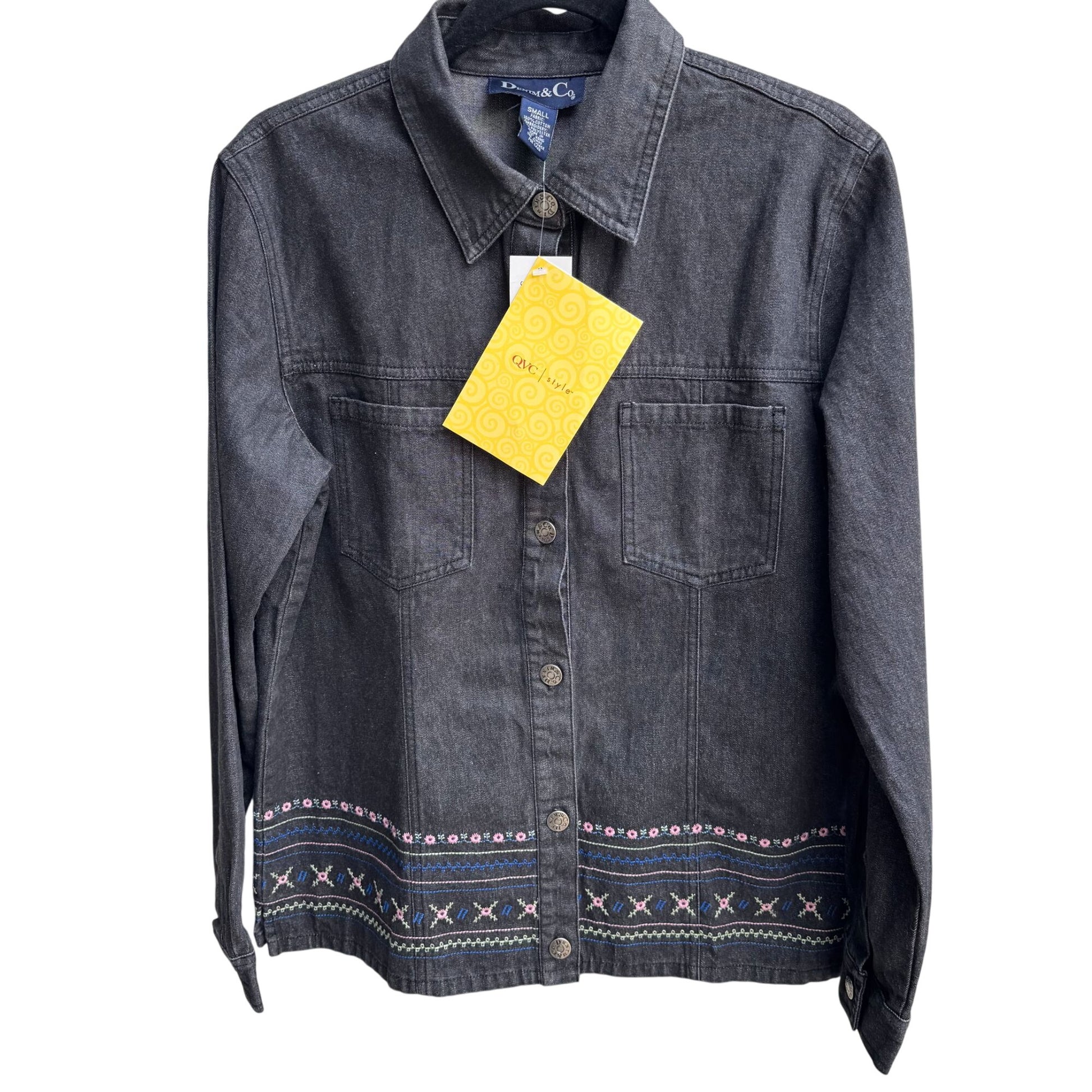 Denim & Co Womens Floral Embroidered Charcoal Gray Button-Up Denim Jacket New S