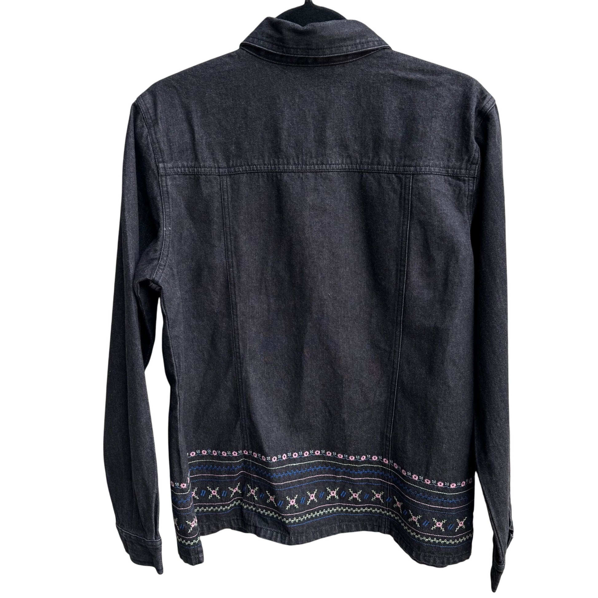 Denim & Co Womens Floral Embroidered Charcoal Gray Button-Up Denim Jacket New S