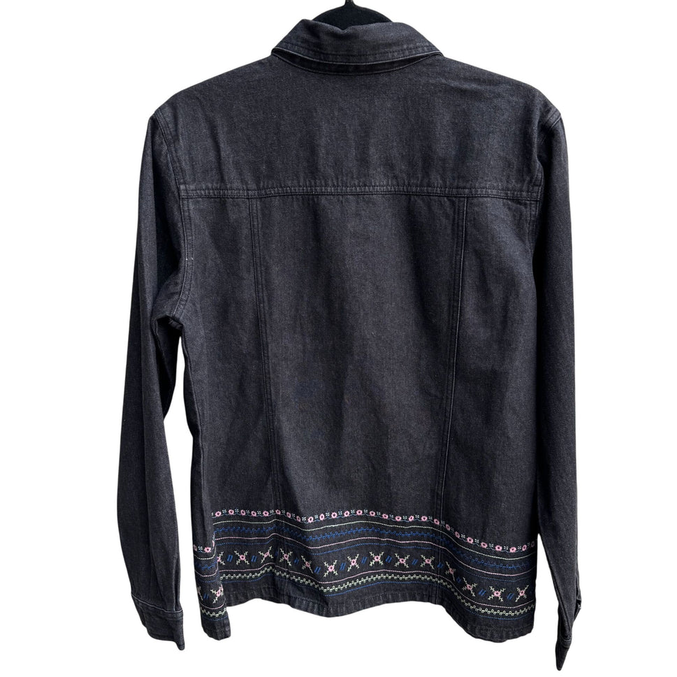 Denim & Co Womens Floral Embroidered Charcoal Gray Button-Up Denim Jacket New S