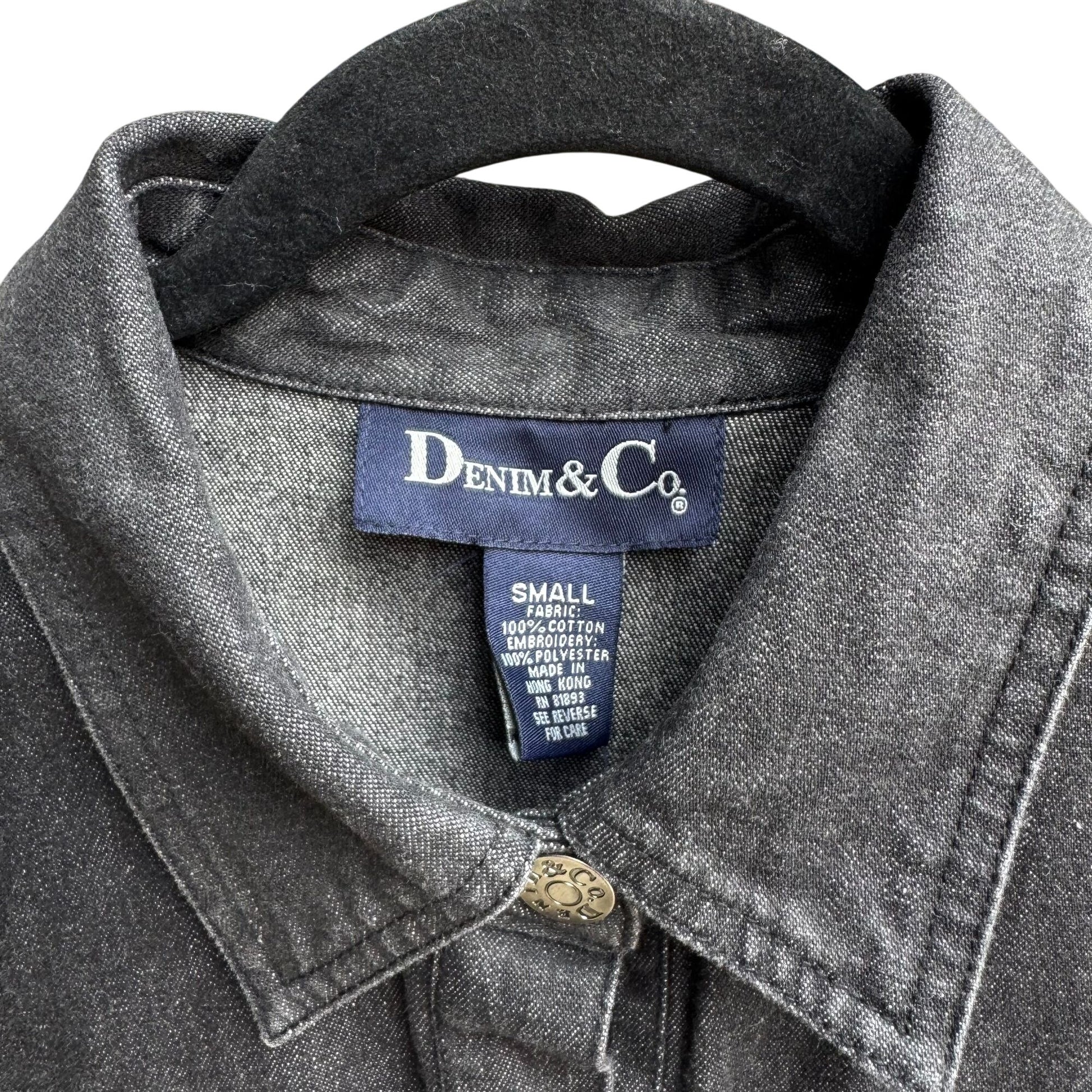 Denim & Co Womens Floral Embroidered Charcoal Gray Button-Up Denim Jacket New S