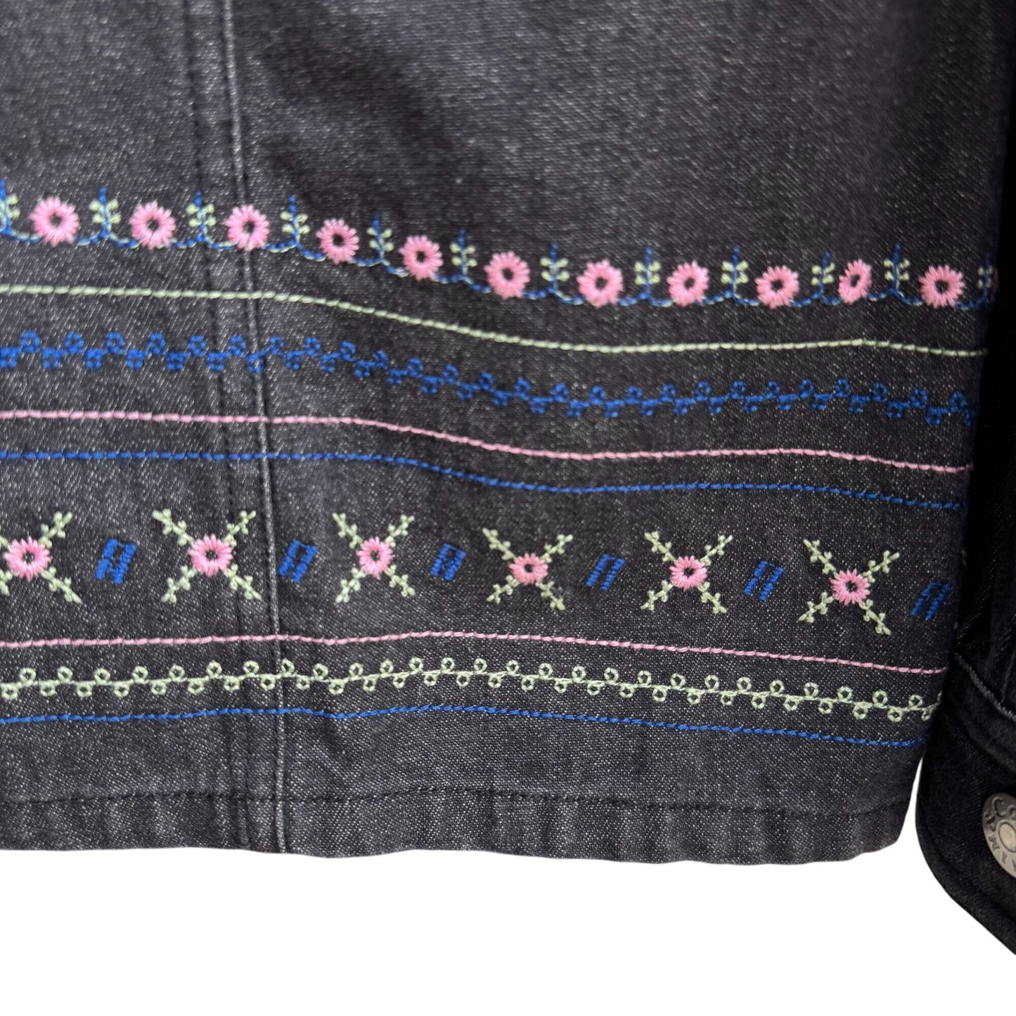 Denim & Co Womens Floral Embroidered Charcoal Gray Button-Up Denim Jacket New S