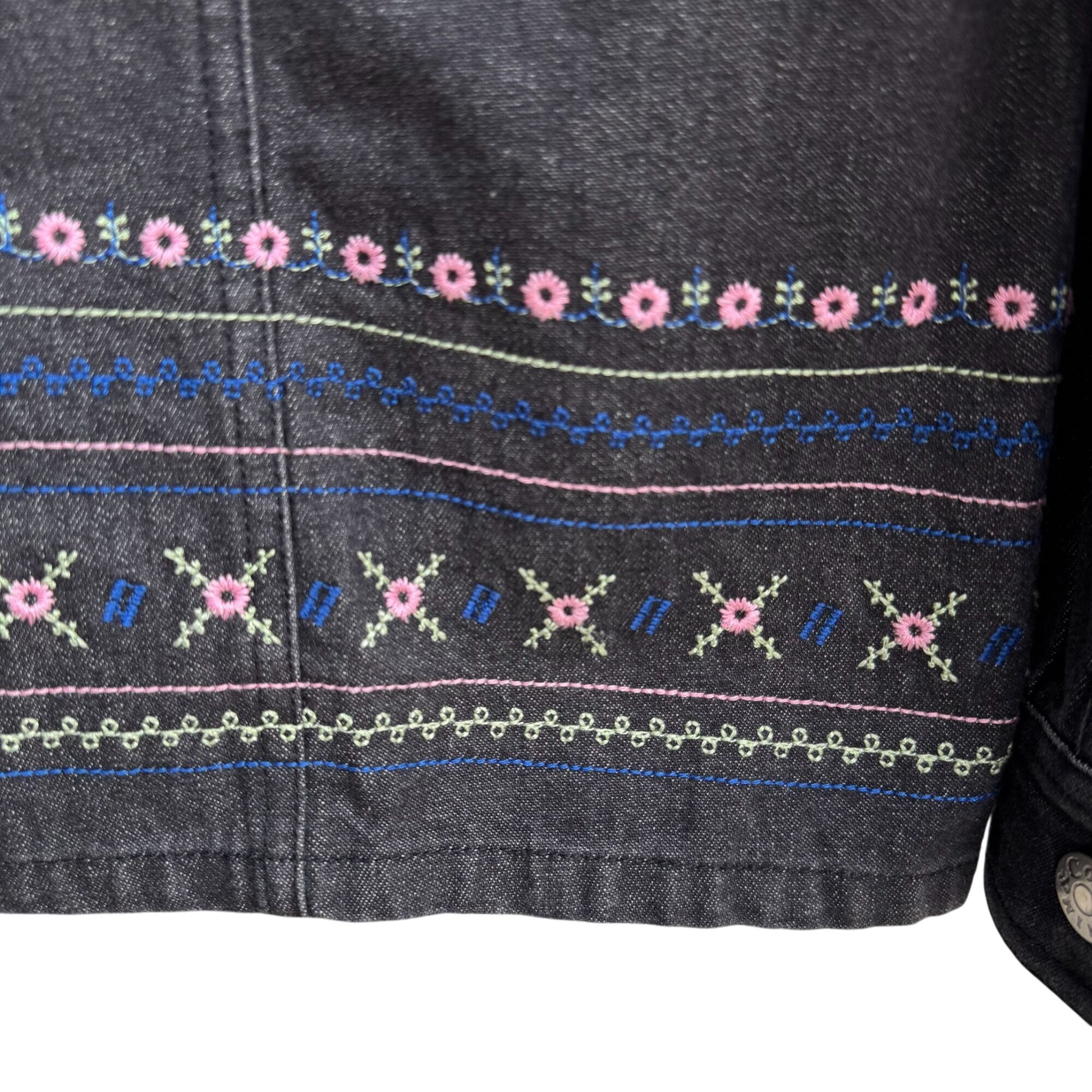 Denim & Co Womens Floral Embroidered Charcoal Gray Button-Up Denim Jacket New S