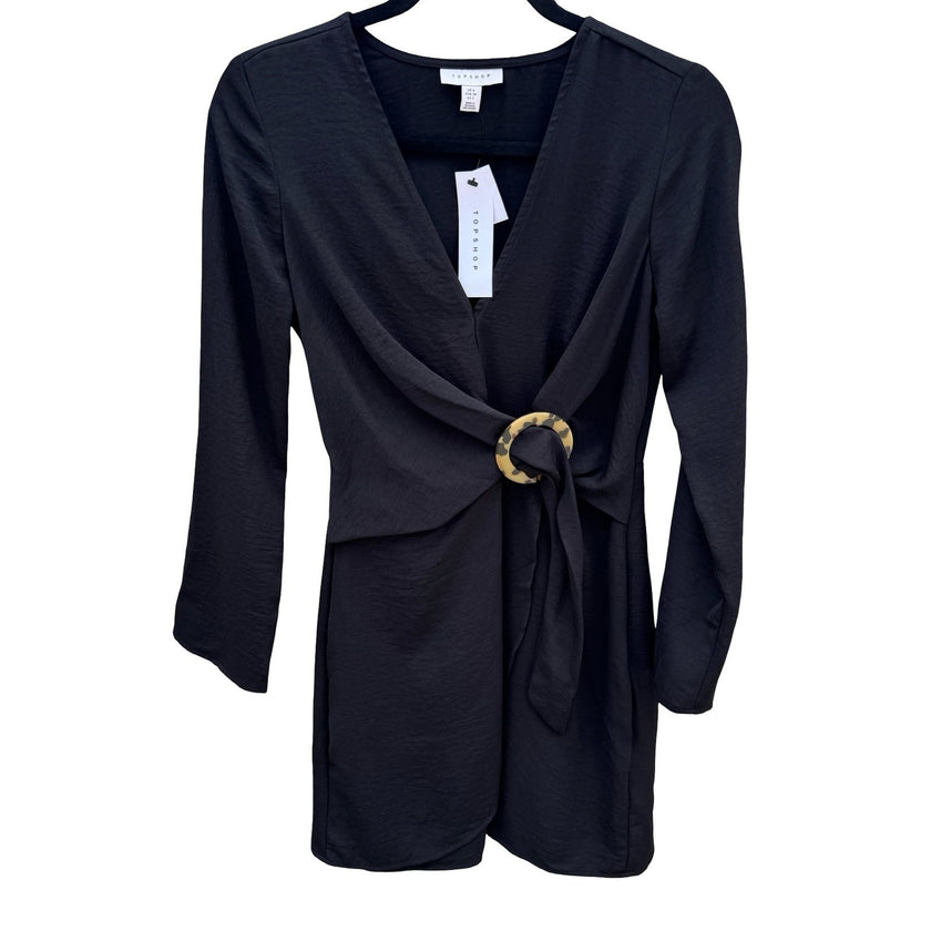 Topshop Womens 2 Black Long Sleeve Wrap Front O-Ring Tulip Skirt Mini Dress NEW
