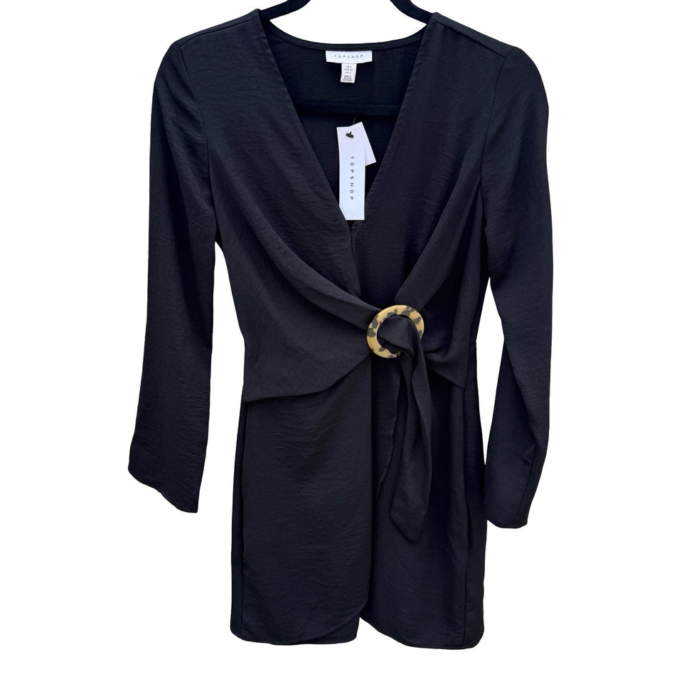 Topshop Womens 2 Black Long Sleeve Wrap Front O-Ring Tulip Skirt Mini Dress NEW