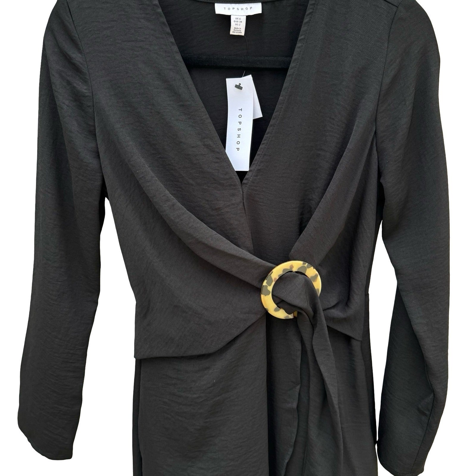 Topshop Womens 2 Black Long Sleeve Wrap Front O-Ring Tulip Skirt Mini Dress NEW