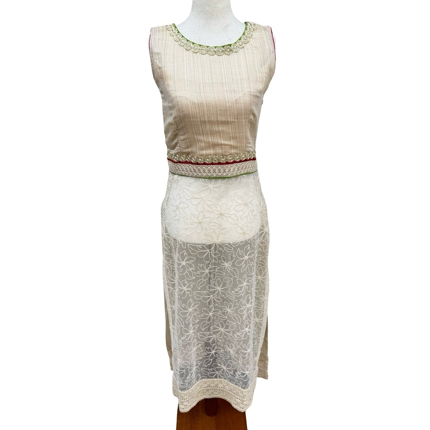 Bollywood Elegant Formal Gold Texture Floral Lace Beaded Sleeveless Kurta Tunic