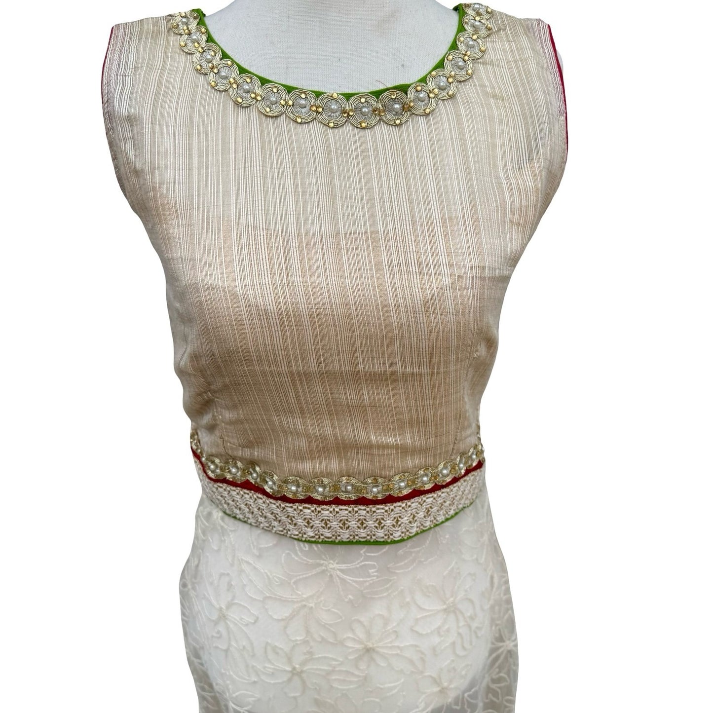 Bollywood Elegant Formal Gold Texture Floral Lace Beaded Sleeveless Kurta Tunic