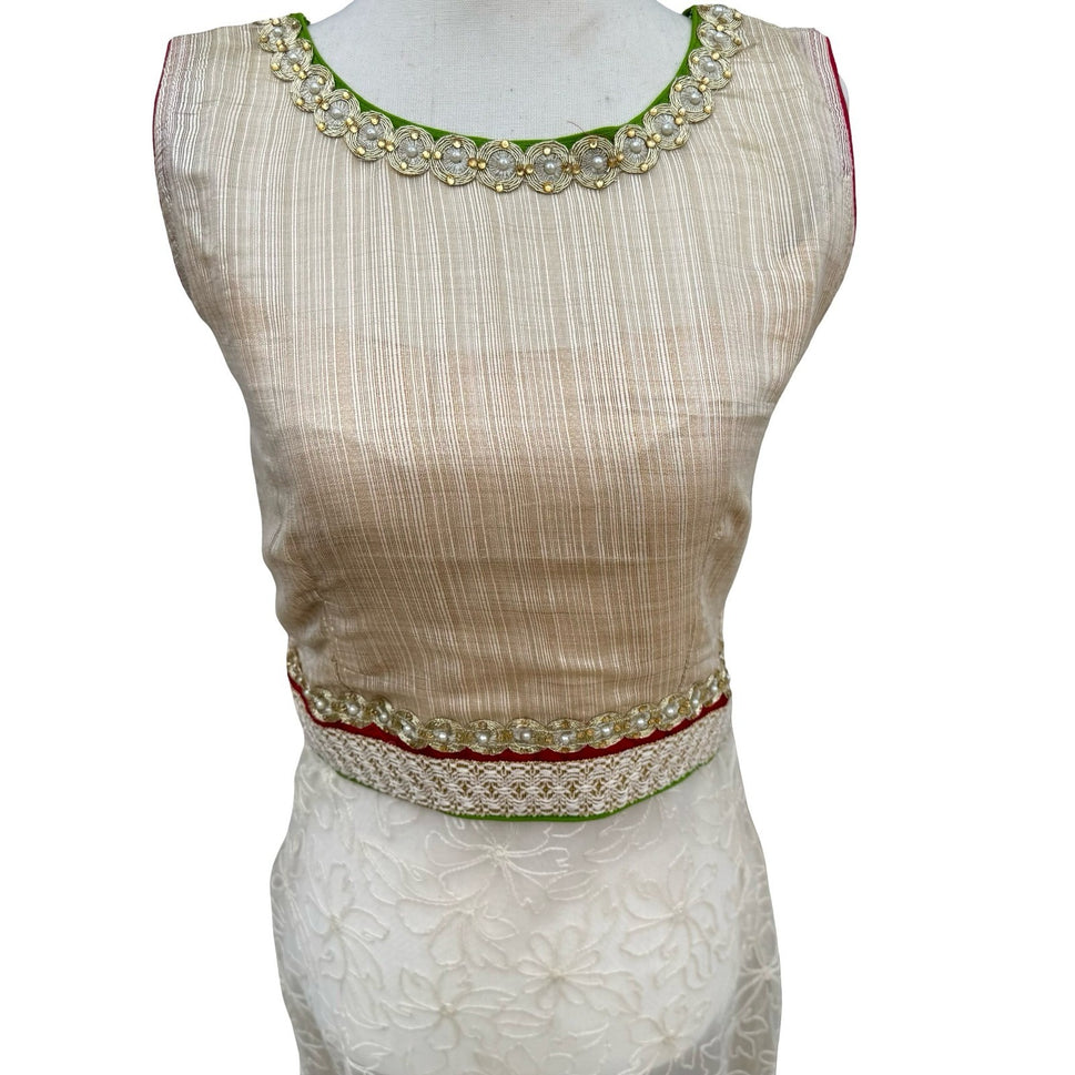 Bollywood Elegant Formal Gold Texture Floral Lace Beaded Sleeveless Kurta Tunic