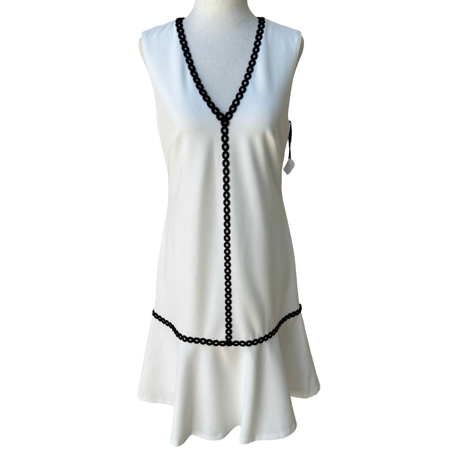 Calvin Klein Mod Minimalist Feminine Sleeveless Midi Dress Black Crochet Trim 4