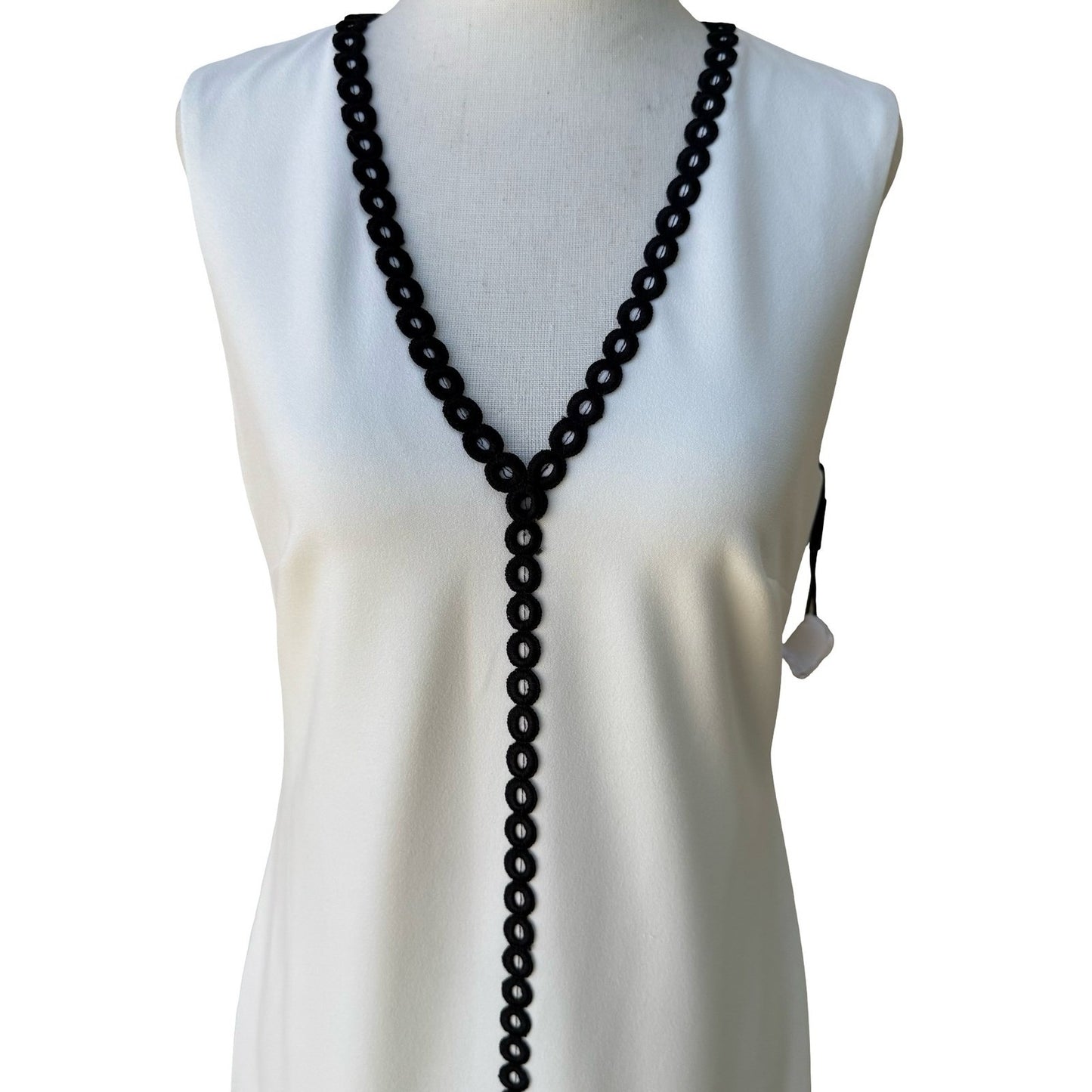 Calvin Klein Mod Minimalist Feminine Sleeveless Midi Dress Black Crochet Trim 4
