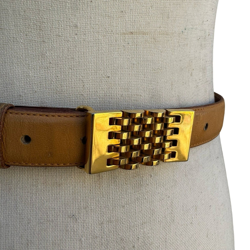 Alan Austin Vintage Tan Leather Belt Gold Sculptural Link Buckle Italy Size 75
