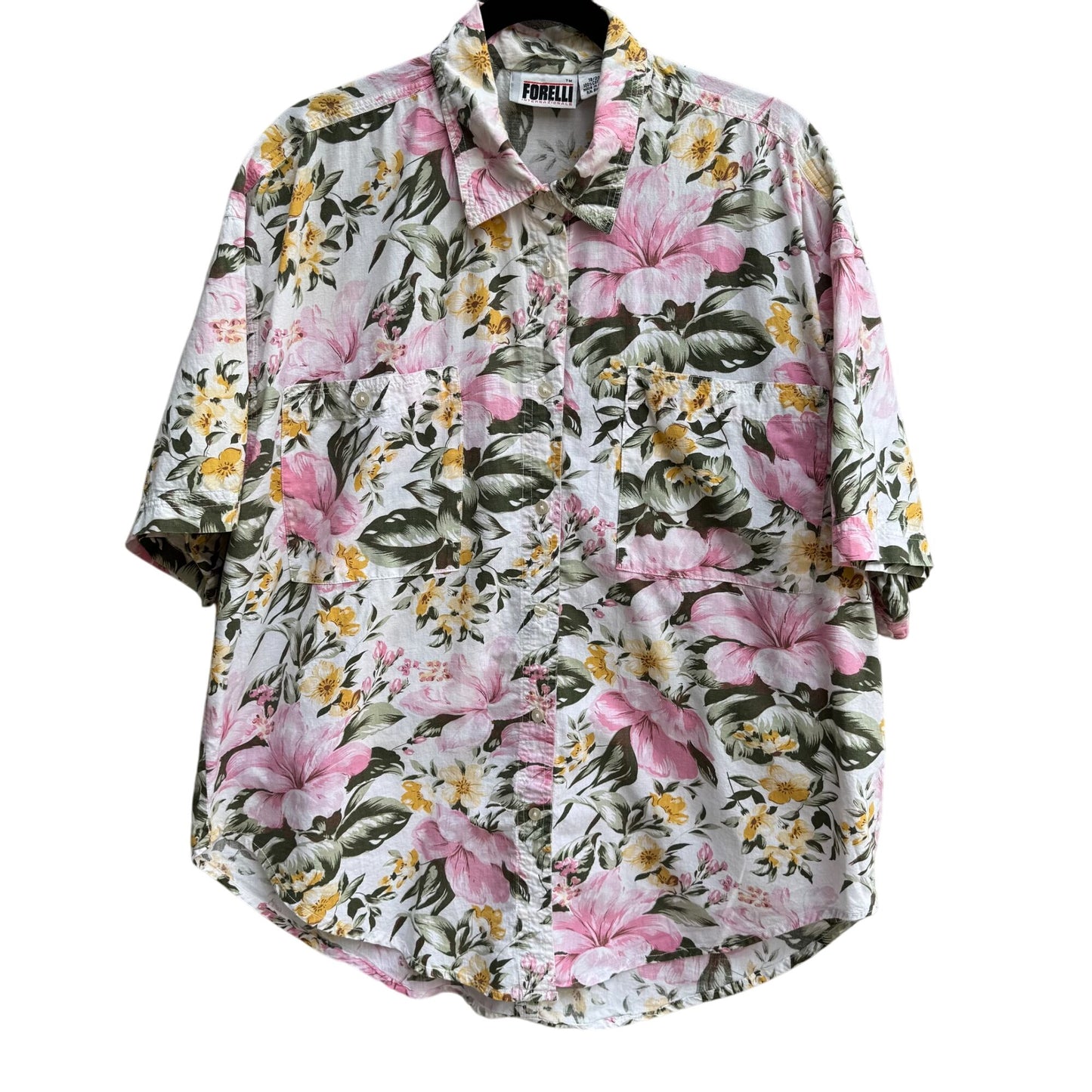 Forelli Womens Floral Pink Yellow Floral Hawaiian Short Sleeve Button-Up Shirt 18/20