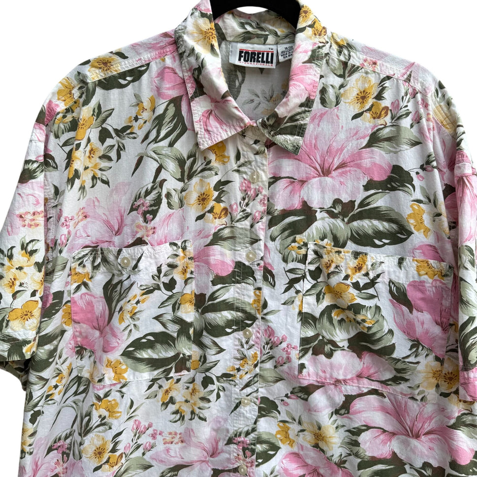 Forelli Womens Floral Pink Yellow Floral Hawaiian Short Sleeve Button-Up Shirt 18/20
