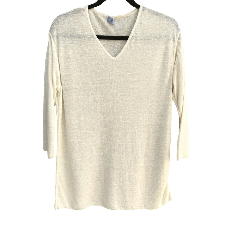 IKI Womens Cream V-Neck Lightweight Italian Linen Knit 3/4 Sleeve Pullover Top L