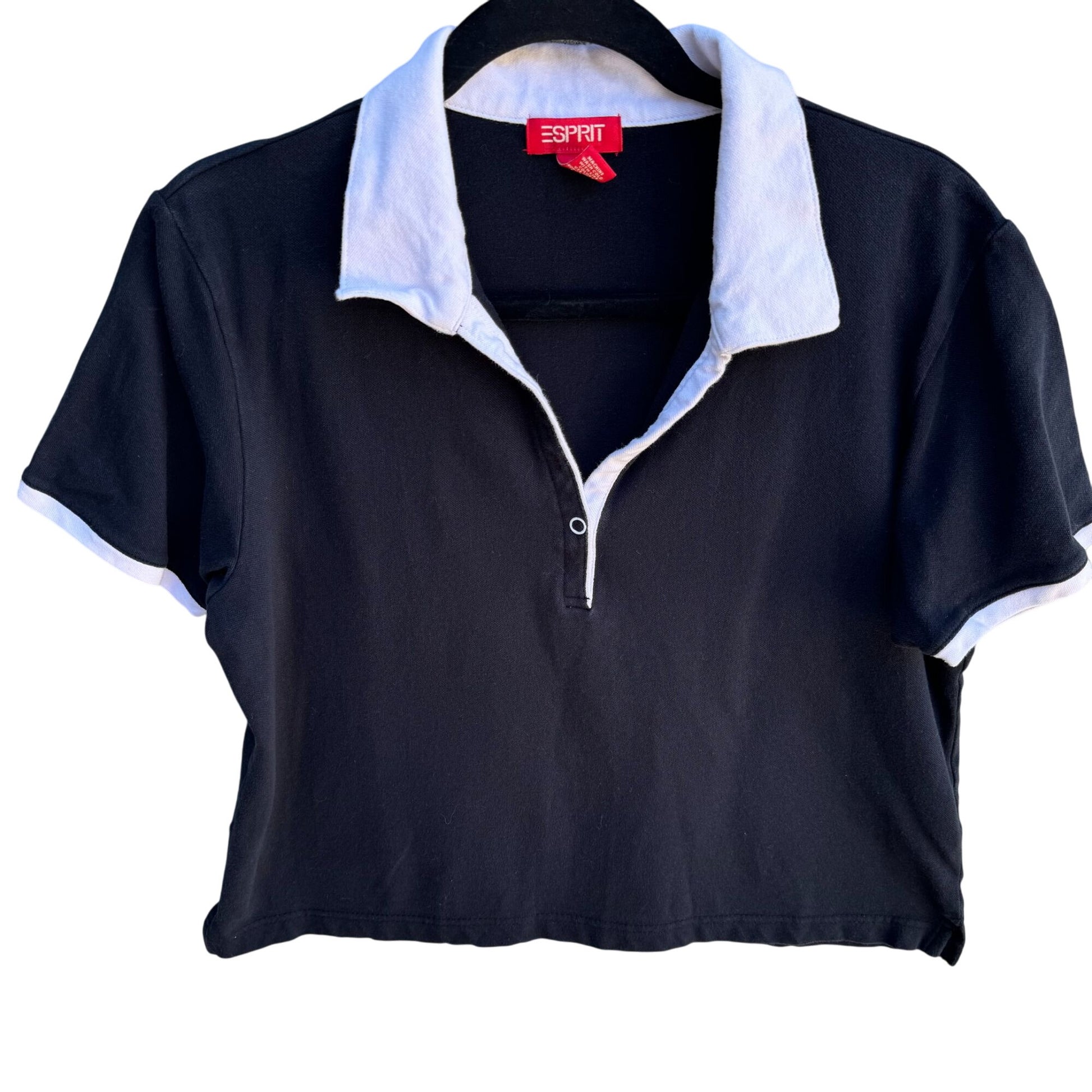 Esprit Vintage 80s 90s Black White Collar Retro Chic Preppy Crop Polo Shirt L