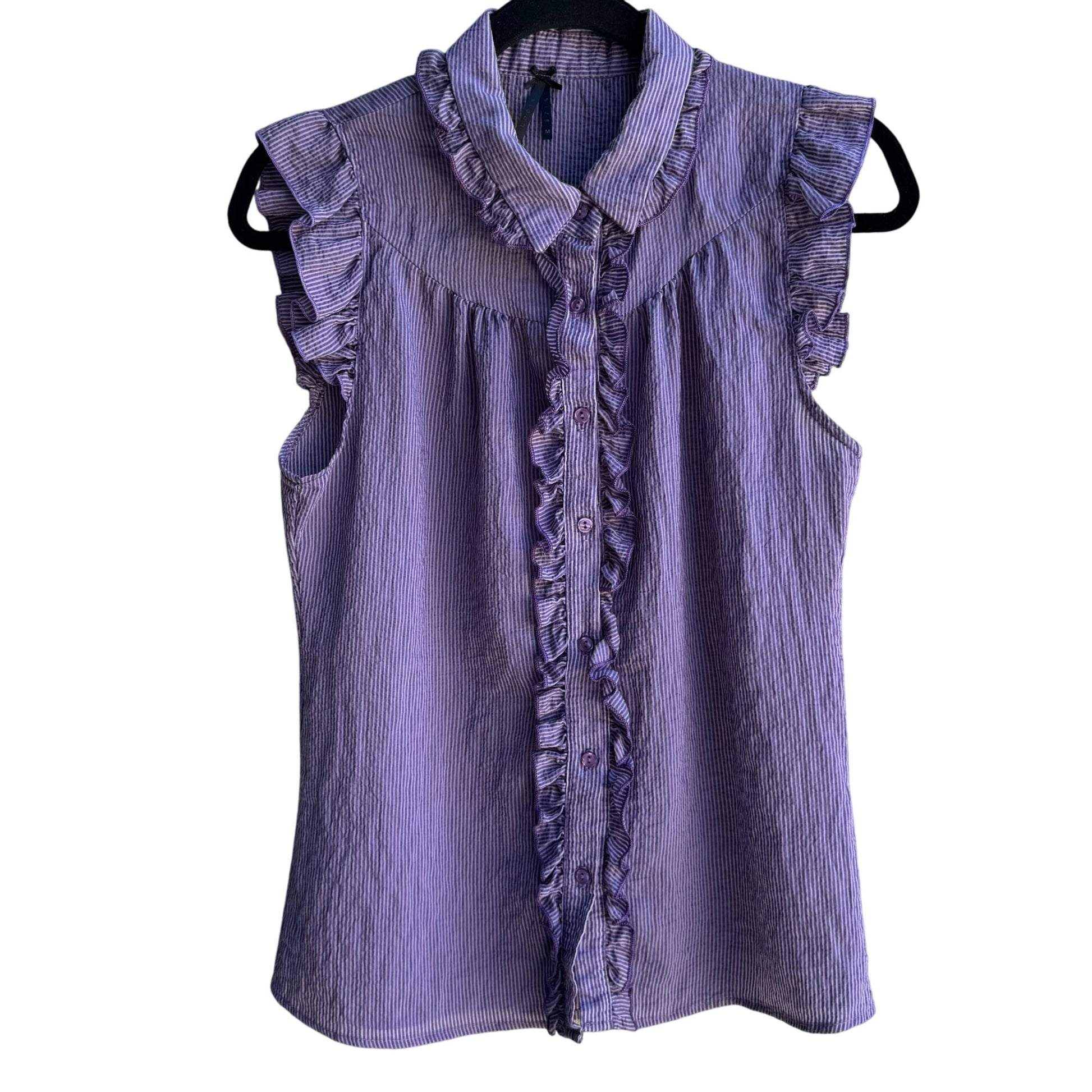 Lapis Y2K Womens Purple Striped Sleeveless Preppy Cottage Ruffle Blouse Shirt M