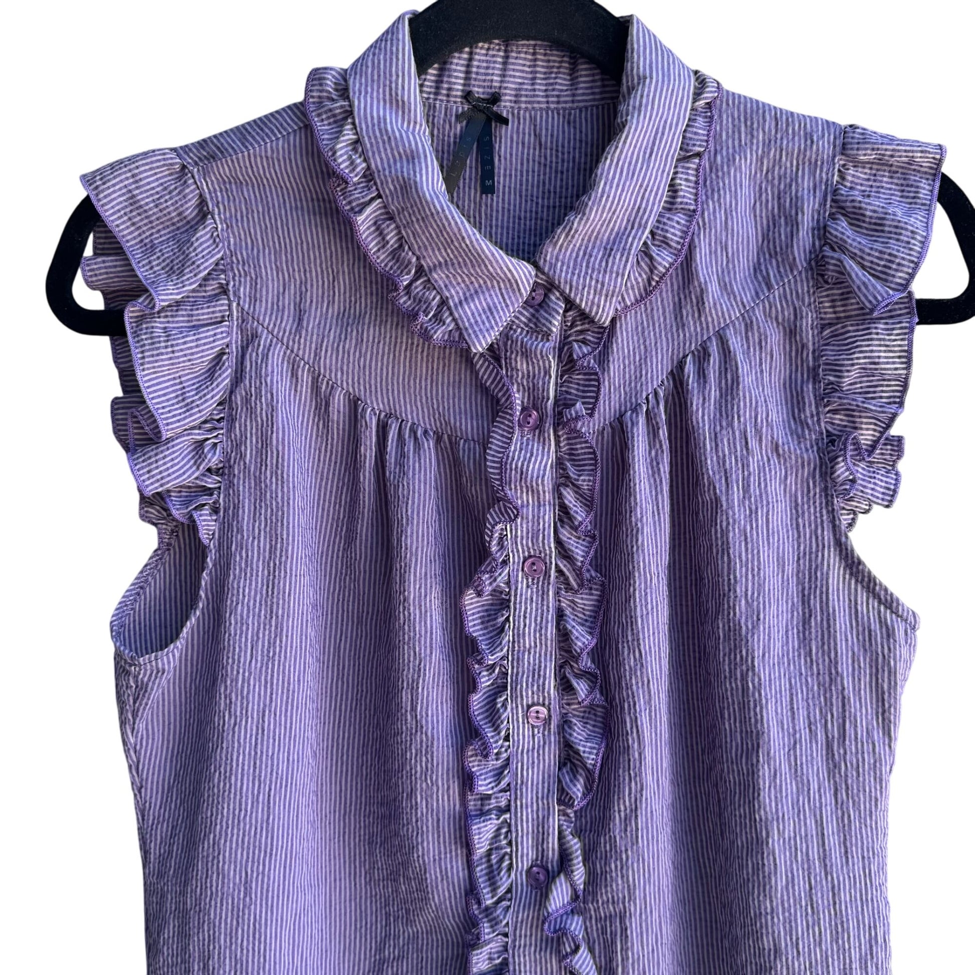 Lapis Y2K Womens Purple Striped Sleeveless Preppy Cottage Ruffle Blouse Shirt M