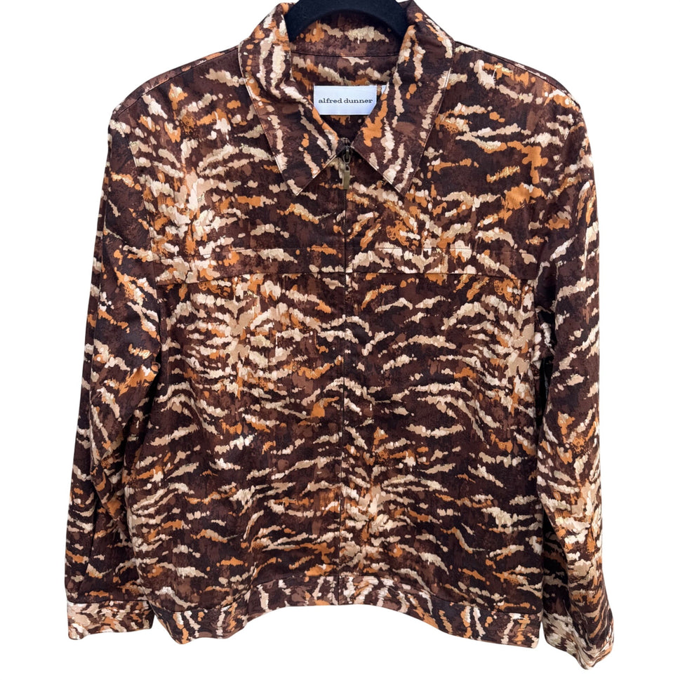 Alfred Dunner Vintage Womens Brown Tan Abstract Animal Print Zip Bomber Jacket
