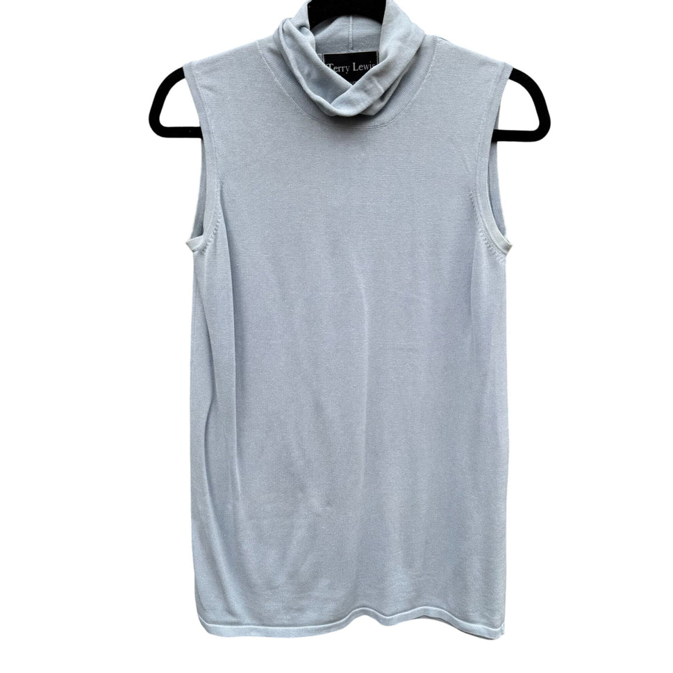 Terry Lewis Vintage Blue Sleeveless Knit Silk Cotton Blend Turtleneck Tunic Top S