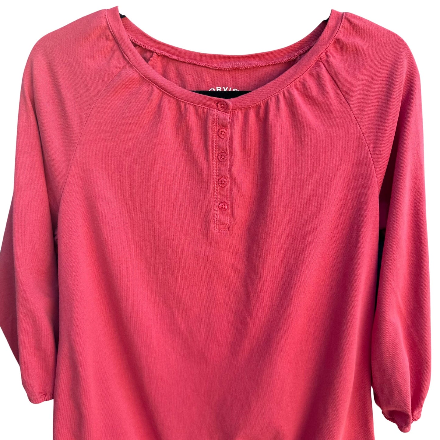 Orvis Womens Red Henley 3/4 Sleeve 1/4 Button Elastic Cuff & Waist Blouse Top M