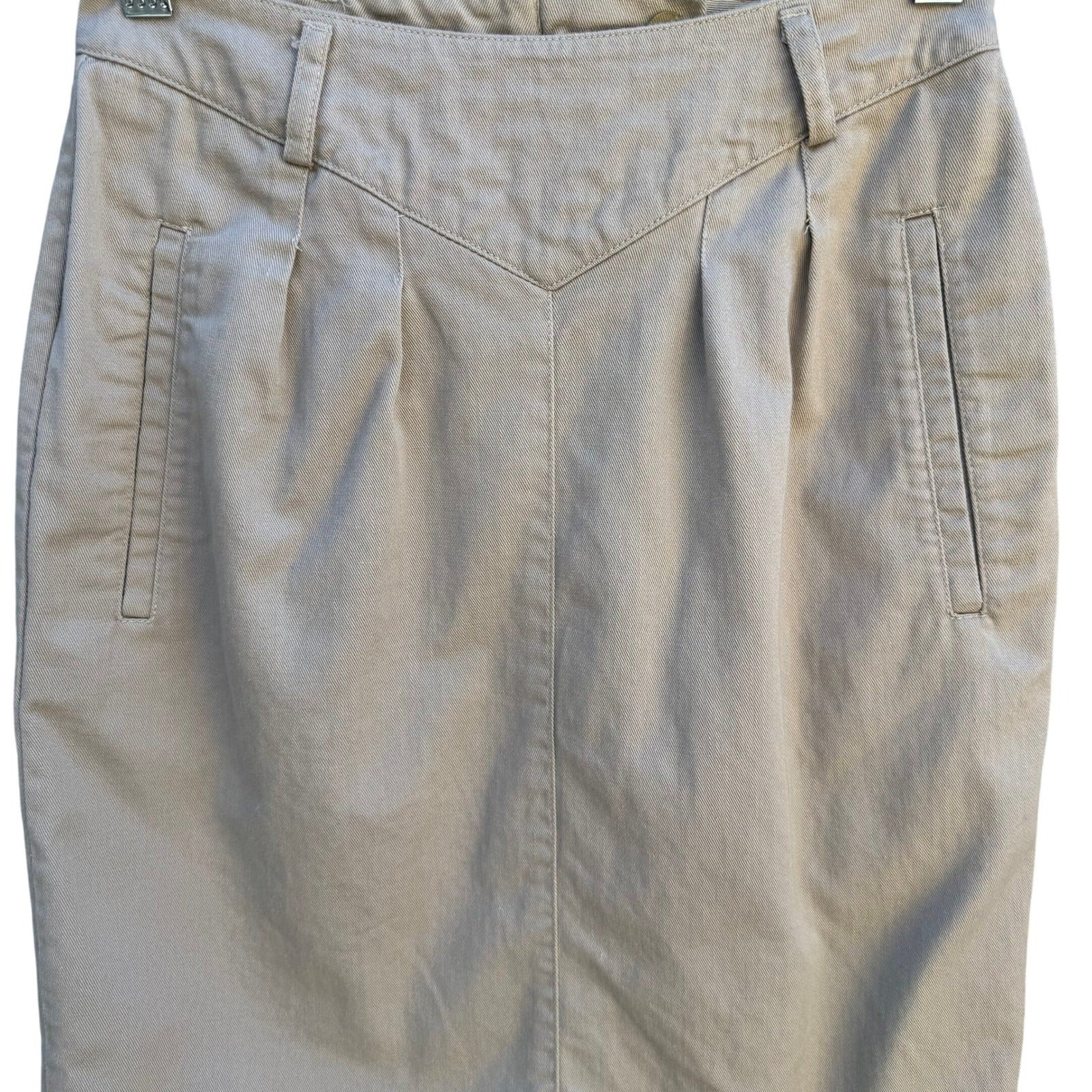 LizSport Vintage 80s Khaki Cotton V-Yoke Pencil Mini Skirt Tan Sz 2P USA Made