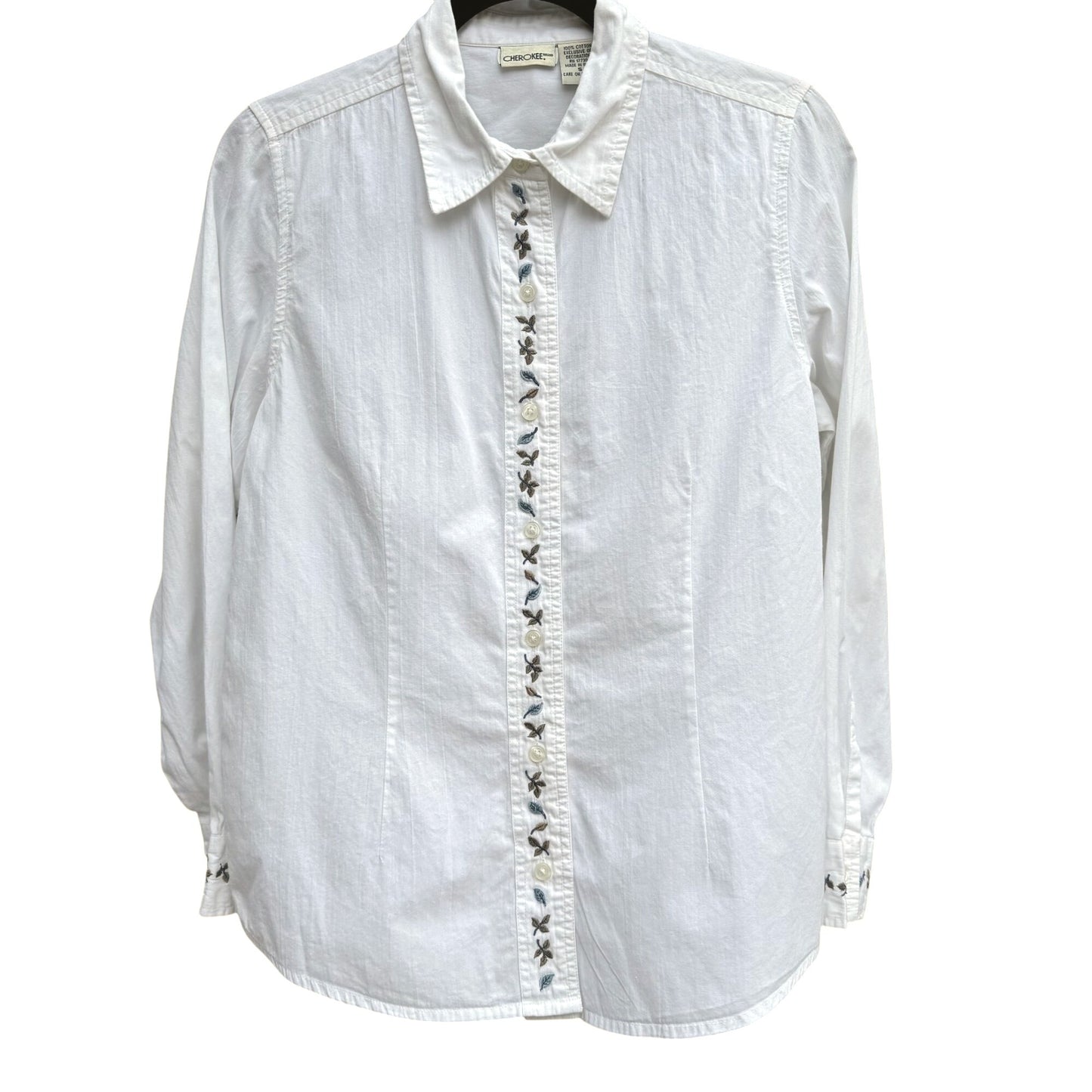 Cherokee Womens Button-Up Floral Embroidery All Cotton Long Sleeve Shirt Blouse