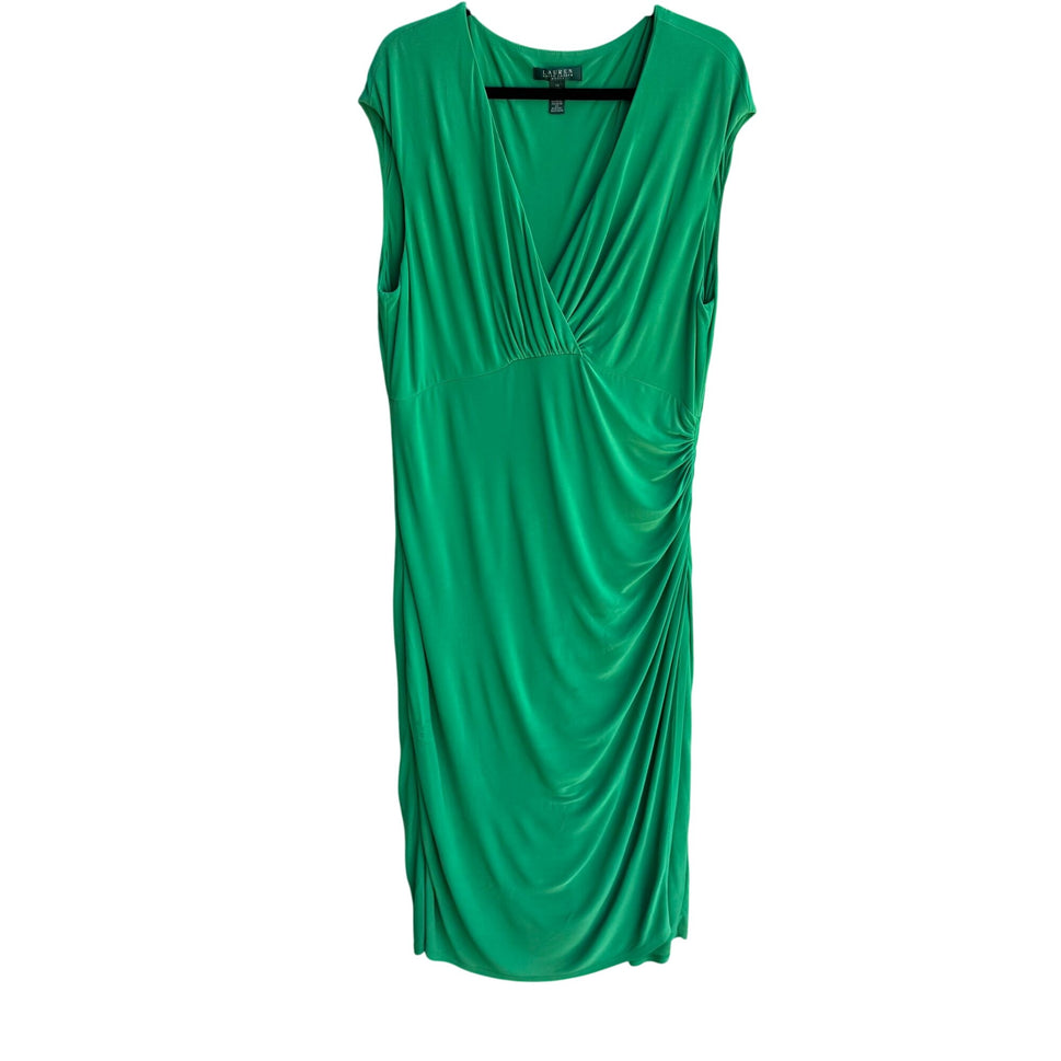 Lauren Ralph Lauren Womens Green Deep V Neck Draped Side Ruched Midi Dress 14