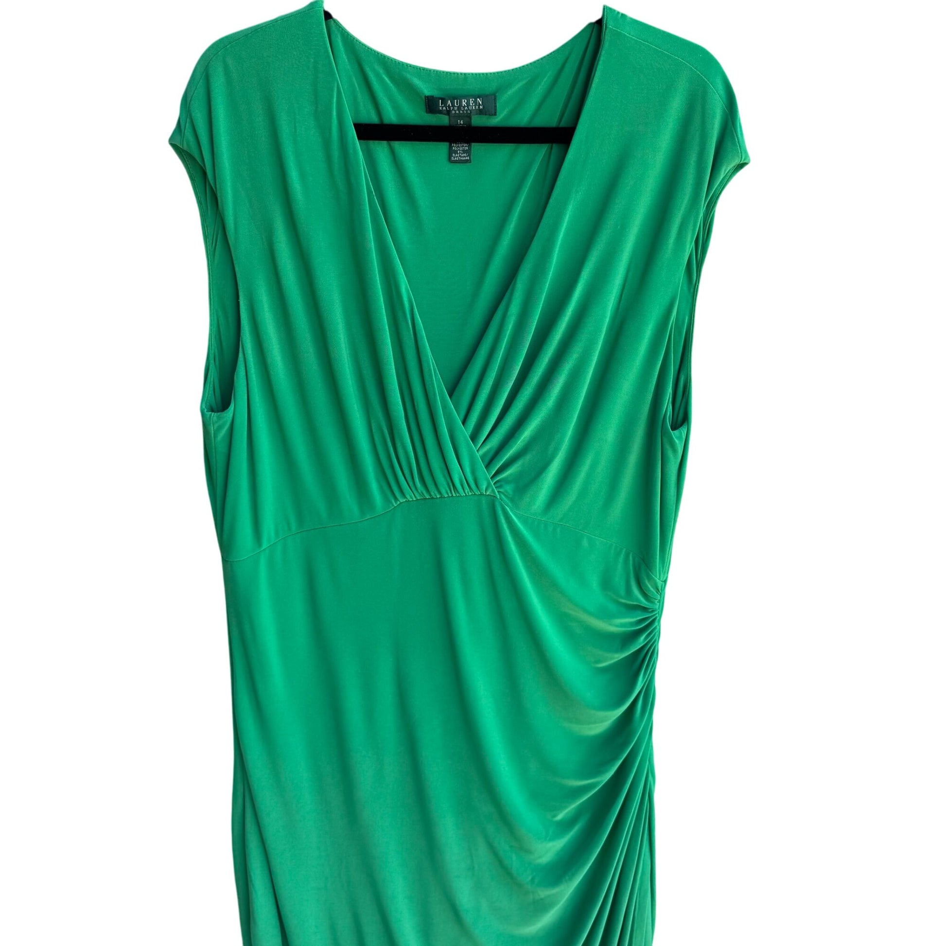 Lauren Ralph Lauren Womens Green Deep V Neck Draped Side Ruched Midi Dress 14