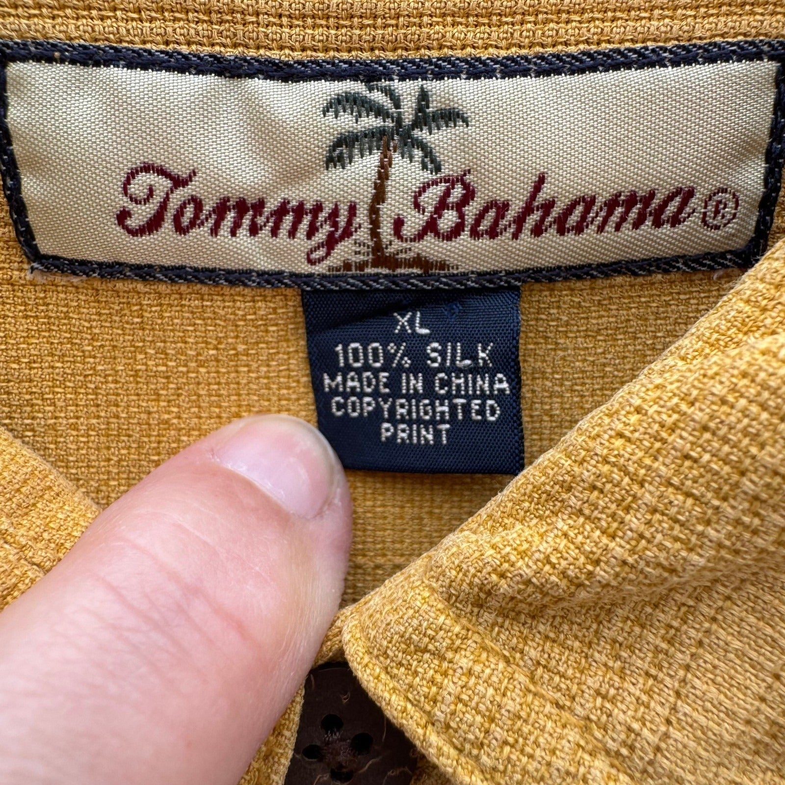 Tommy Bahama Mens XL Mustard Yellow 100% Silk Textured Long Sleeve Button Shirt