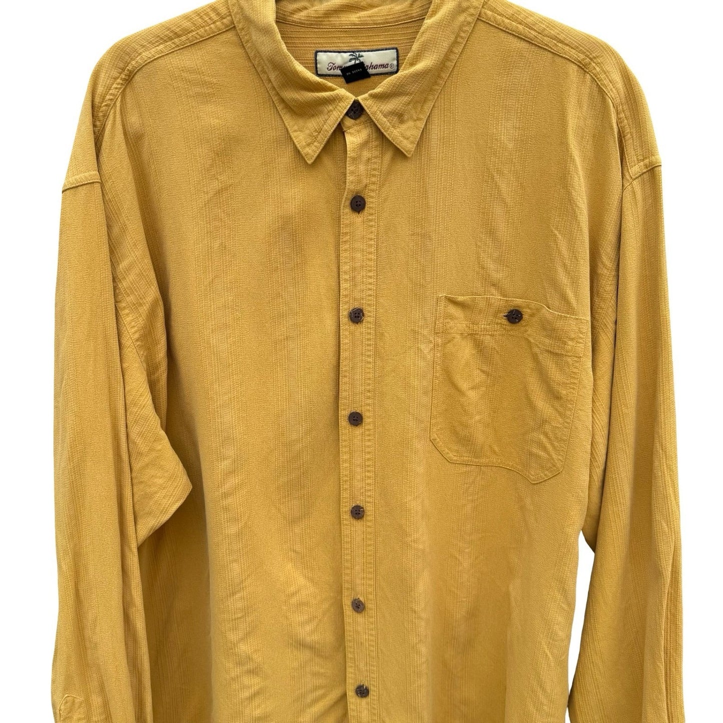 Tommy Bahama Mens XL Mustard Yellow 100% Silk Textured Long Sleeve Button Shirt