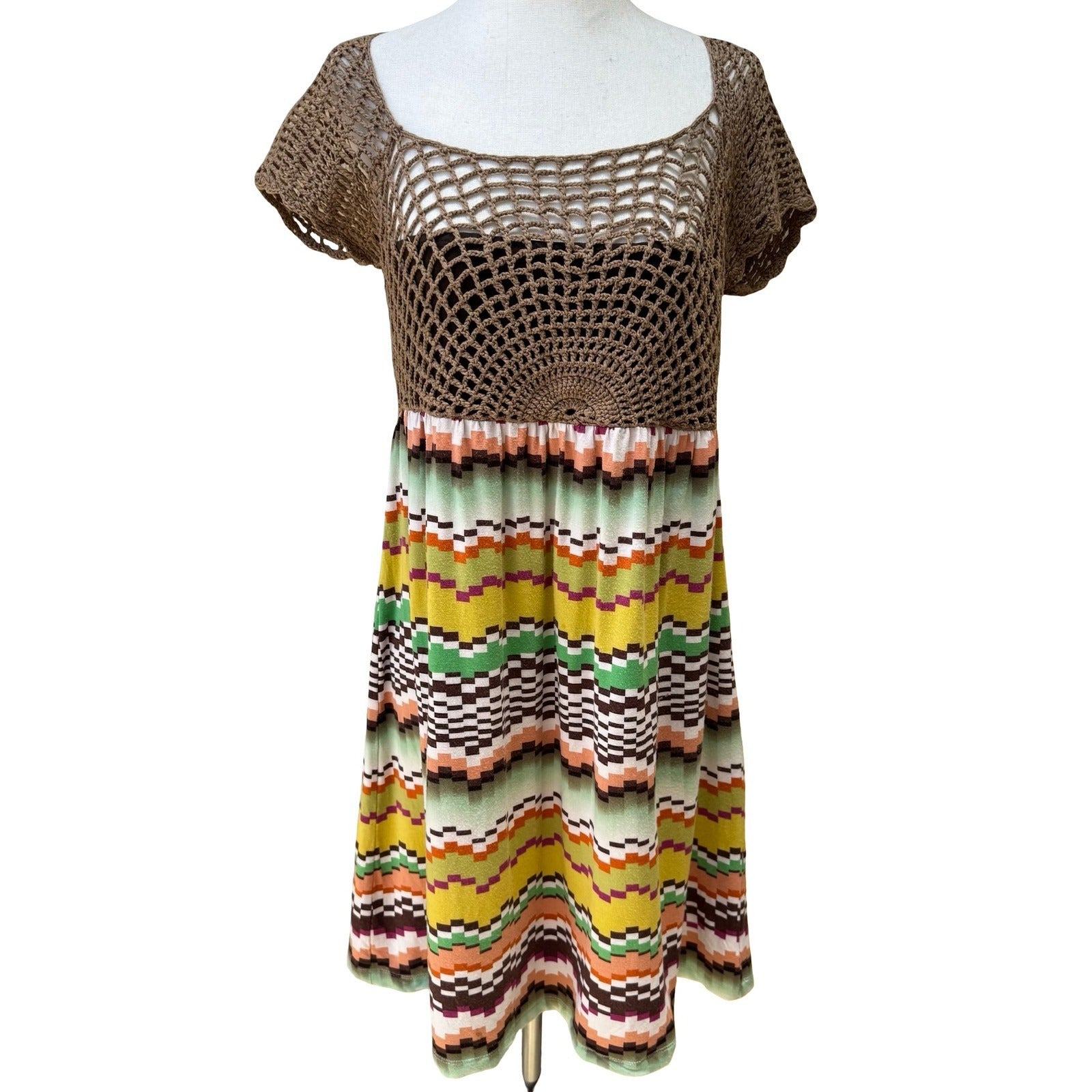 Moda International Boho Festival Hippie Crochet Chevron Mini Dress Sundress S