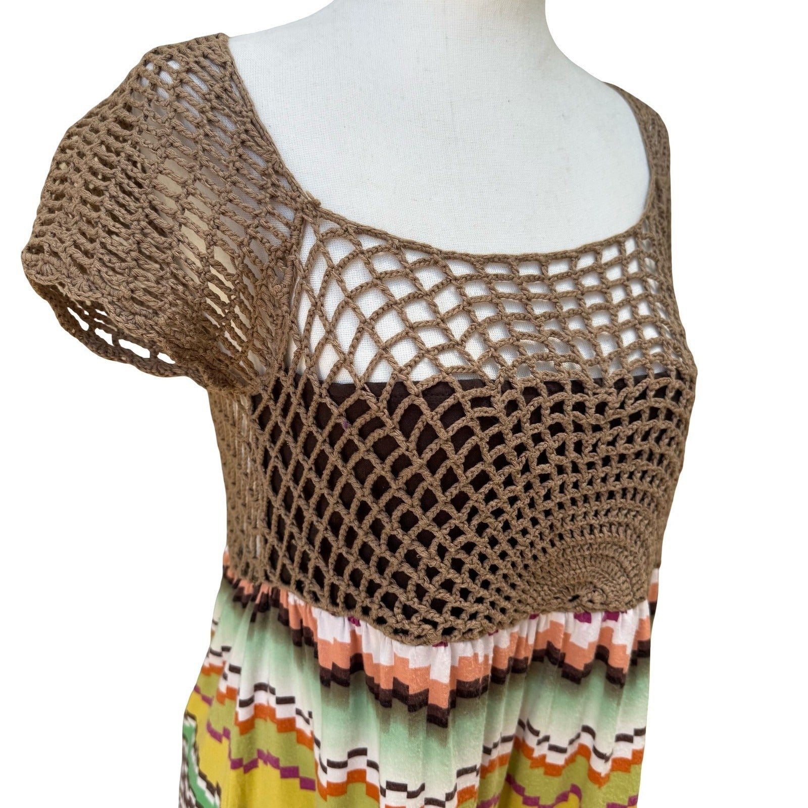 Moda International Boho Festival Hippie Crochet Chevron Mini Dress Sundress S