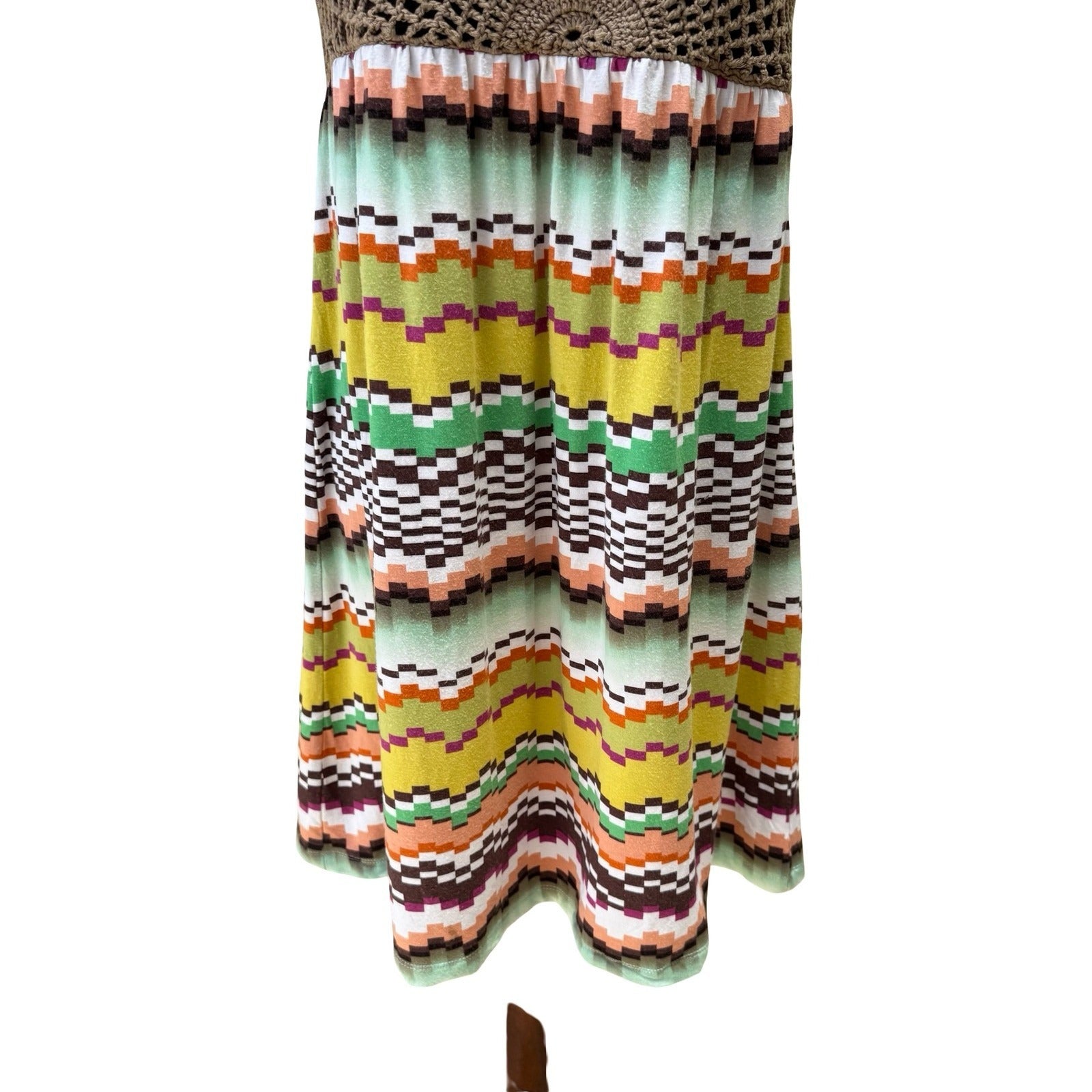 Moda International Boho Festival Hippie Crochet Chevron Mini Dress Sundress S