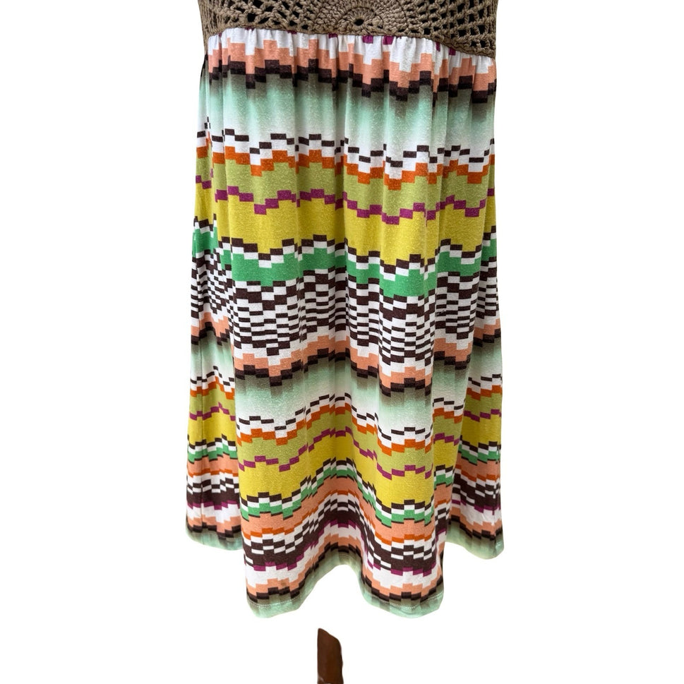 Moda International Boho Festival Hippie Crochet Chevron Mini Dress Sundress S