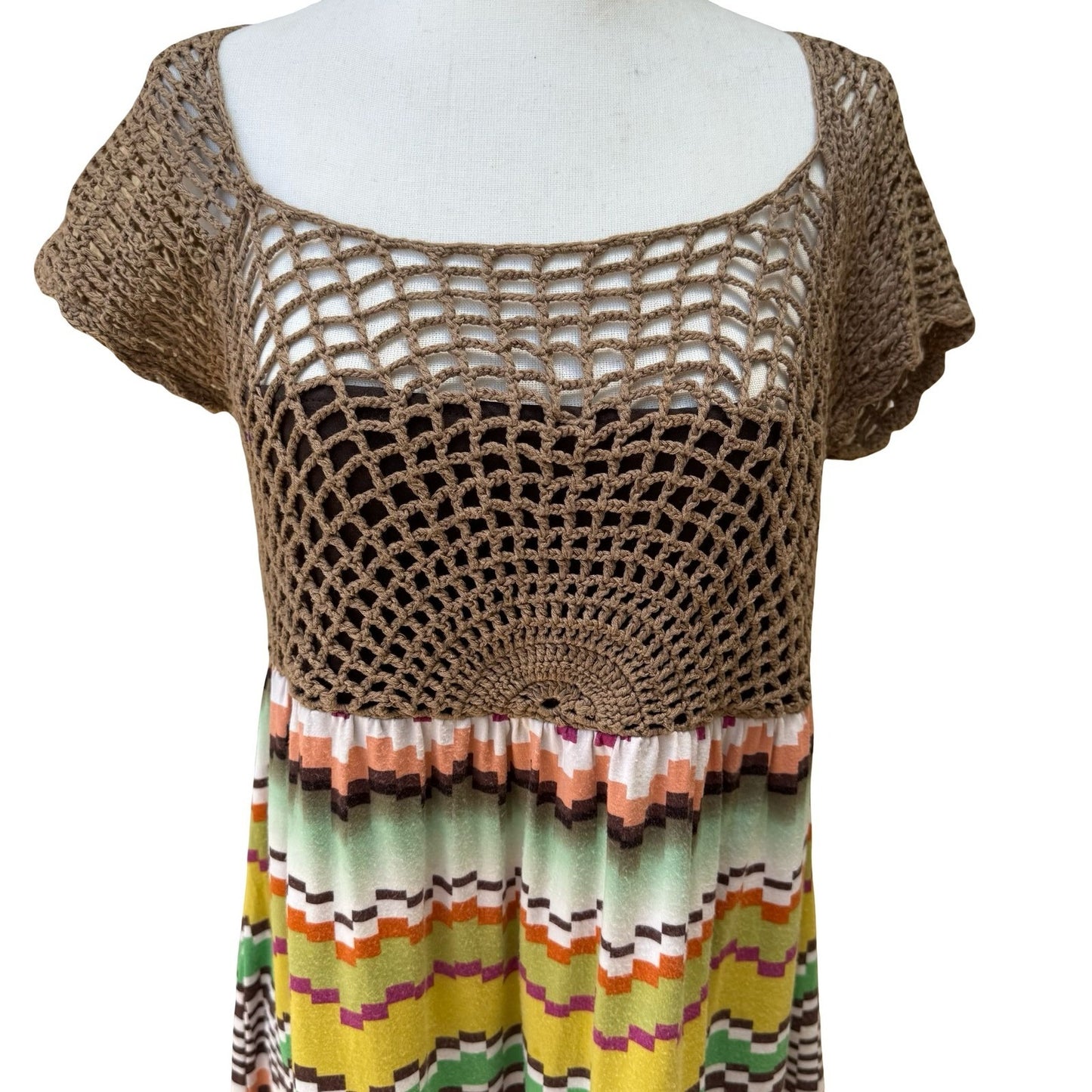 Moda International Boho Festival Hippie Crochet Chevron Mini Dress Sundress S