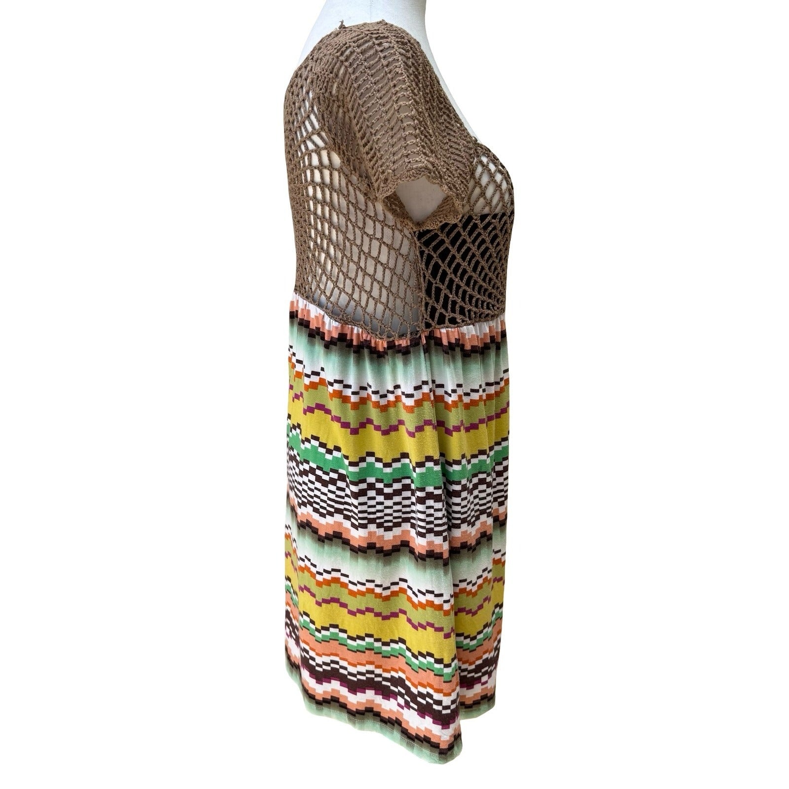 Moda International Boho Festival Hippie Crochet Chevron Mini Dress Sundress S