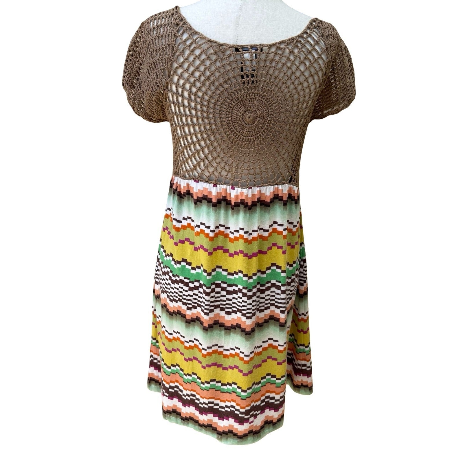 Moda International Boho Festival Hippie Crochet Chevron Mini Dress Sundress S