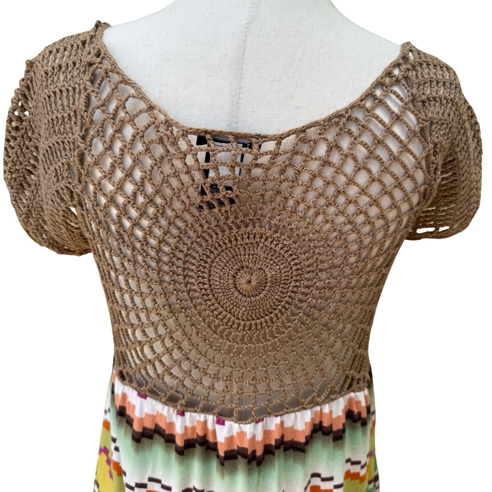 Moda International Boho Festival Hippie Crochet Chevron Mini Dress Sundress S