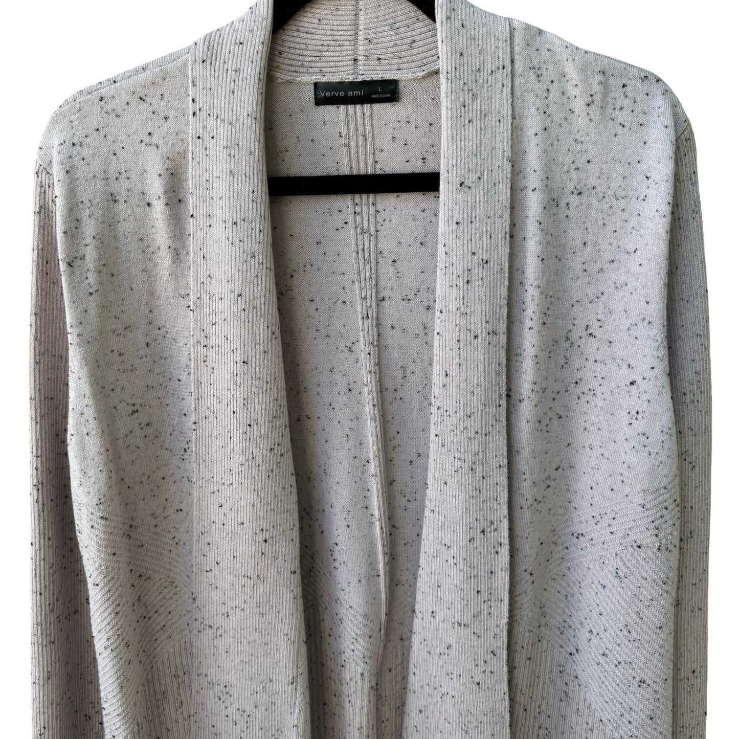 Verve Ami Minimalist Layering Speckled Ribbed Open Front Knit Cardigan Sweater L