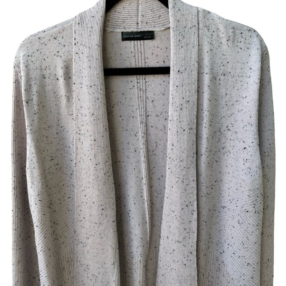 Verve Ami Minimalist Layering Speckled Ribbed Open Front Knit Cardigan Sweater L