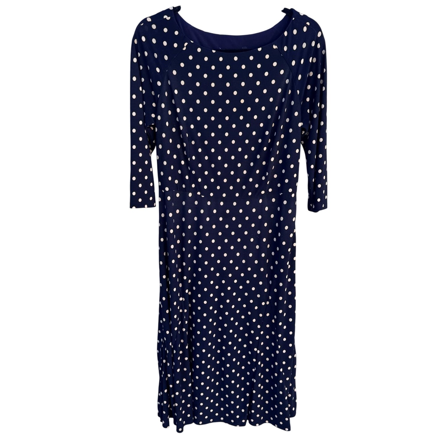 Vintage Womens Preppy Navy Jersey Polka Dot Long Sleeve Full Skirt Midi Dress