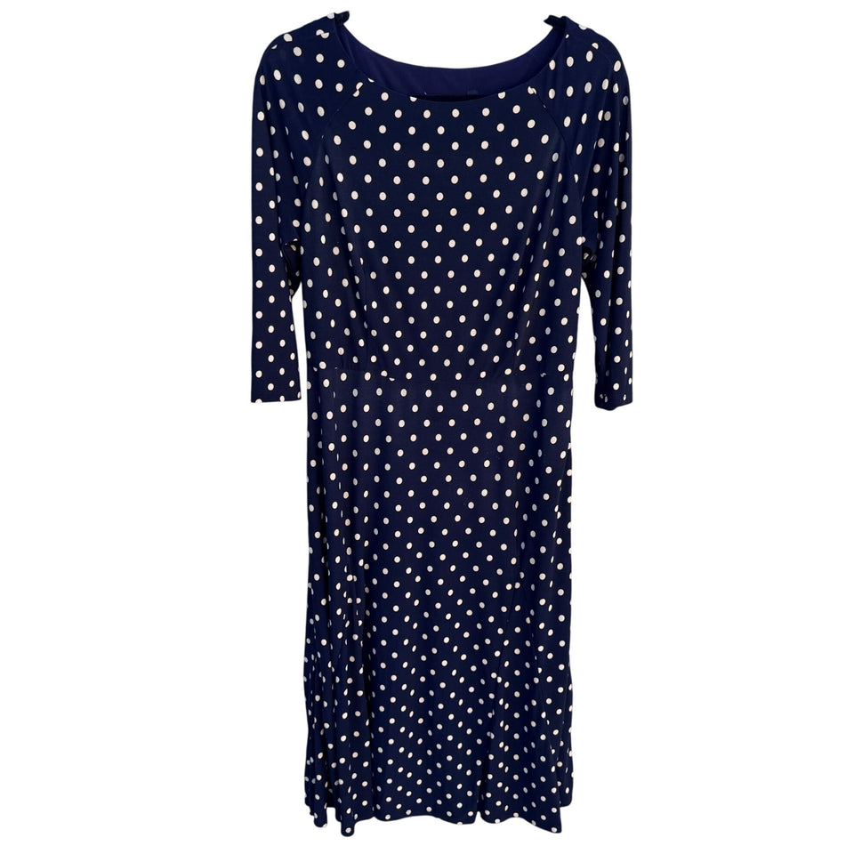 Vintage Womens Preppy Navy Jersey Polka Dot Long Sleeve Full Skirt Midi Dress