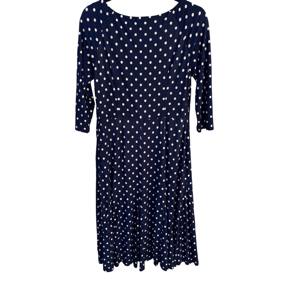 Vintage Womens Preppy Navy Jersey Polka Dot Long Sleeve Full Skirt Midi Dress