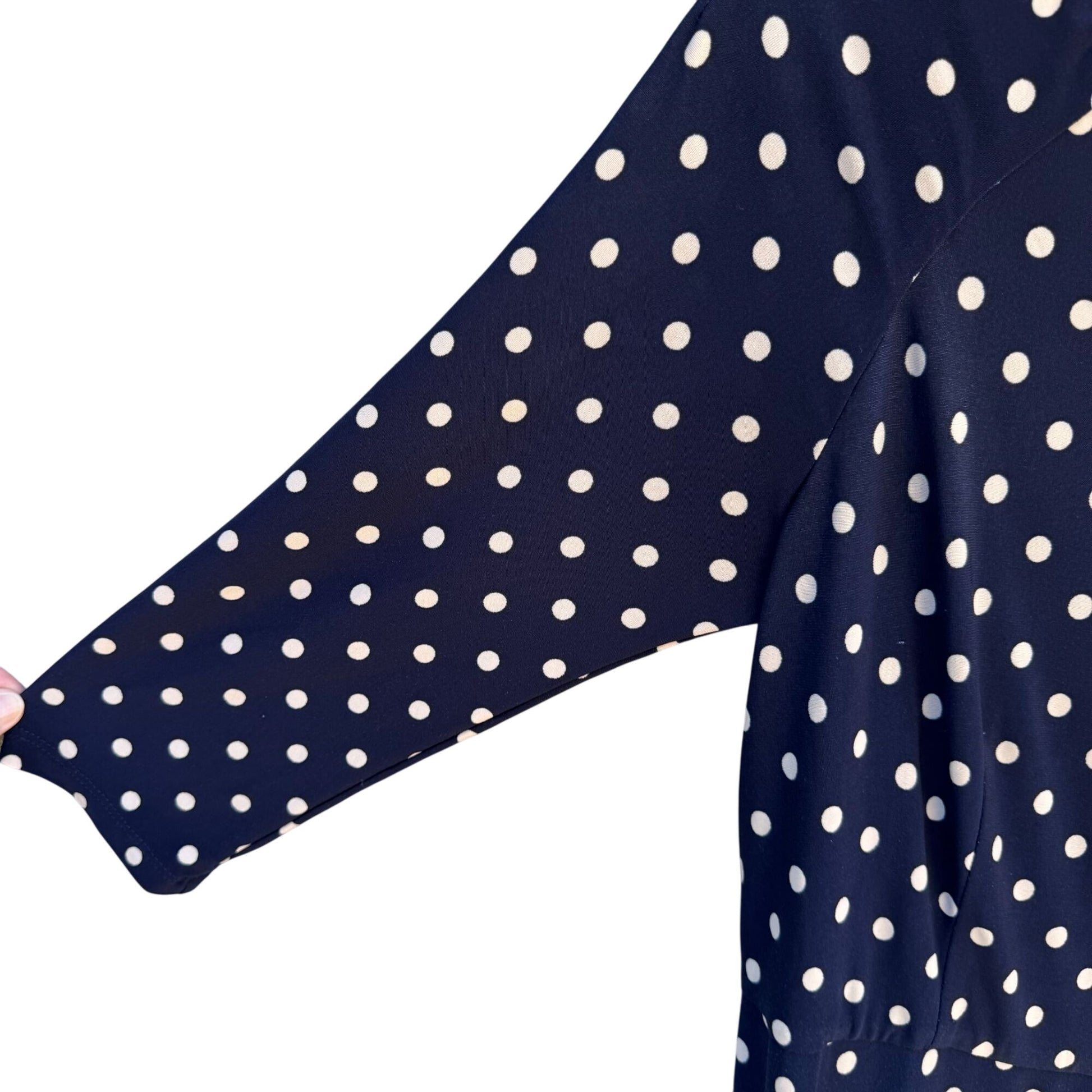 Vintage Womens Preppy Navy Jersey Polka Dot Long Sleeve Full Skirt Midi Dress