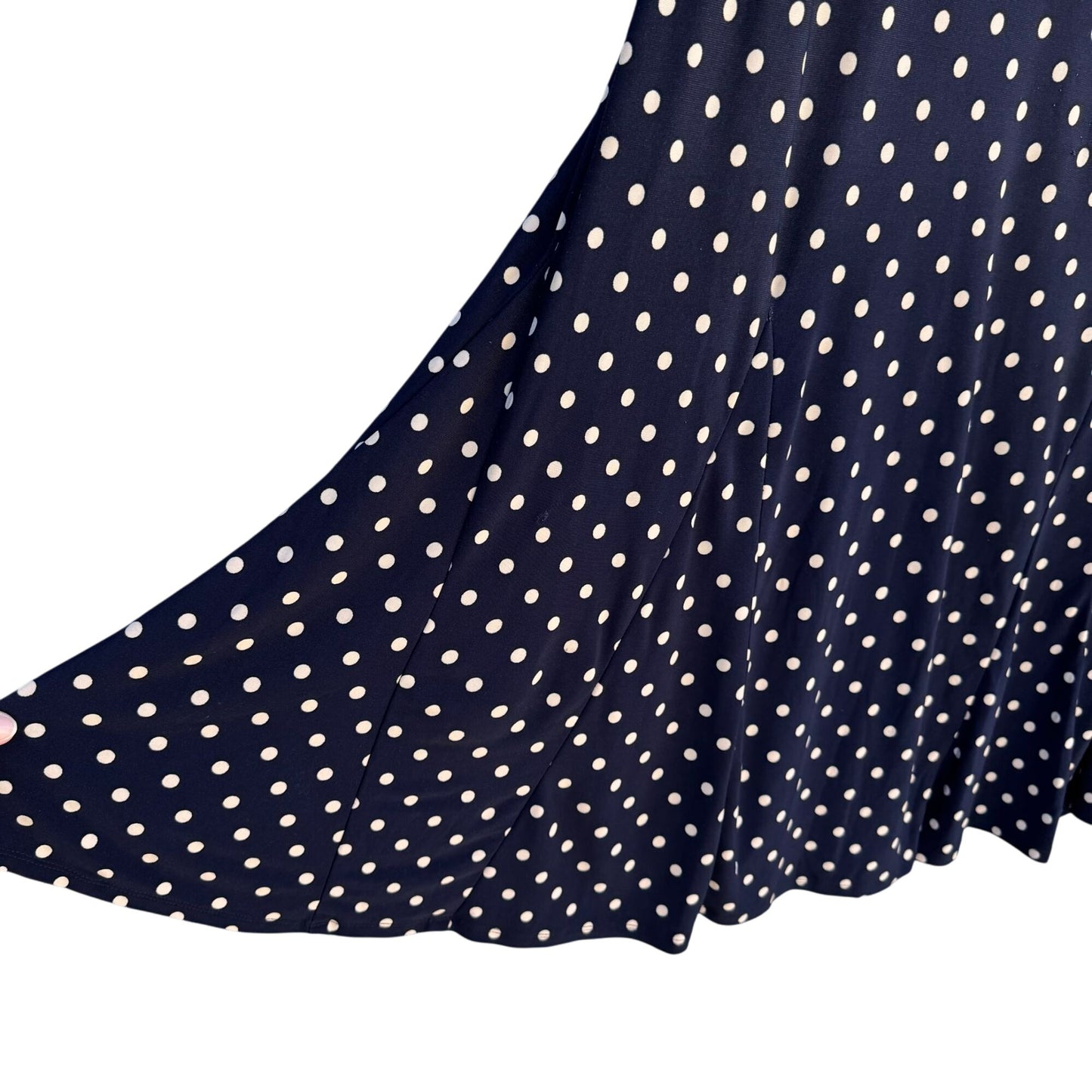 Vintage Womens Preppy Navy Jersey Polka Dot Long Sleeve Full Skirt Midi Dress
